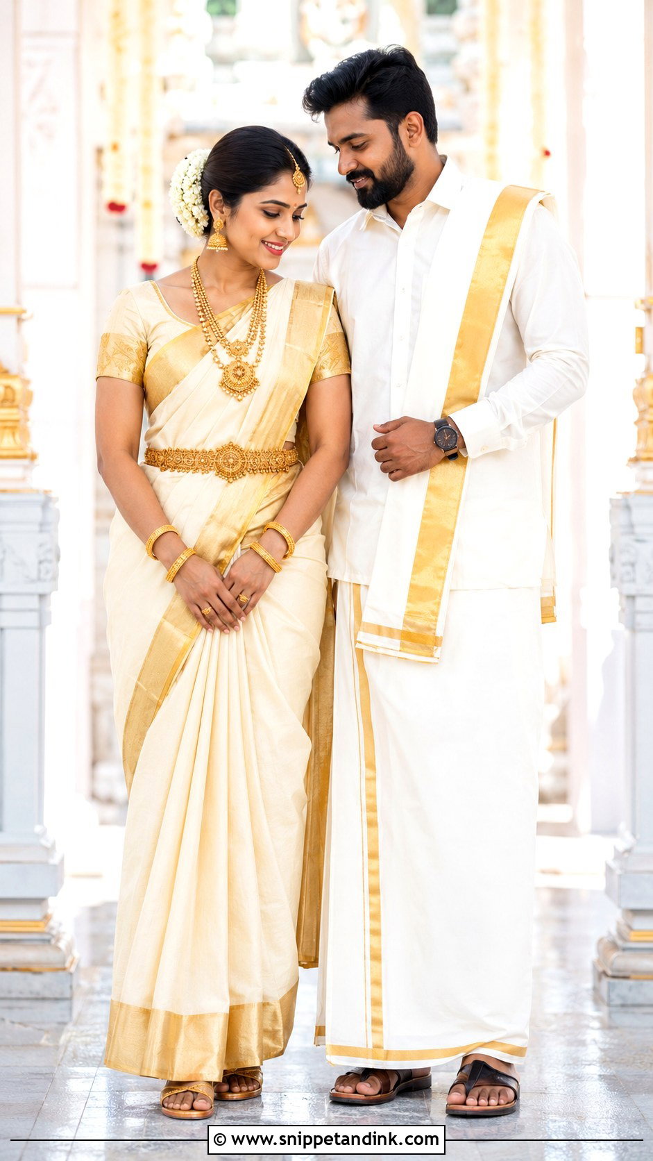 White And Gold South Indian Wedding Outfit - Snippet and Ink - 20 Indian Couple Wedding Outfit Ideas