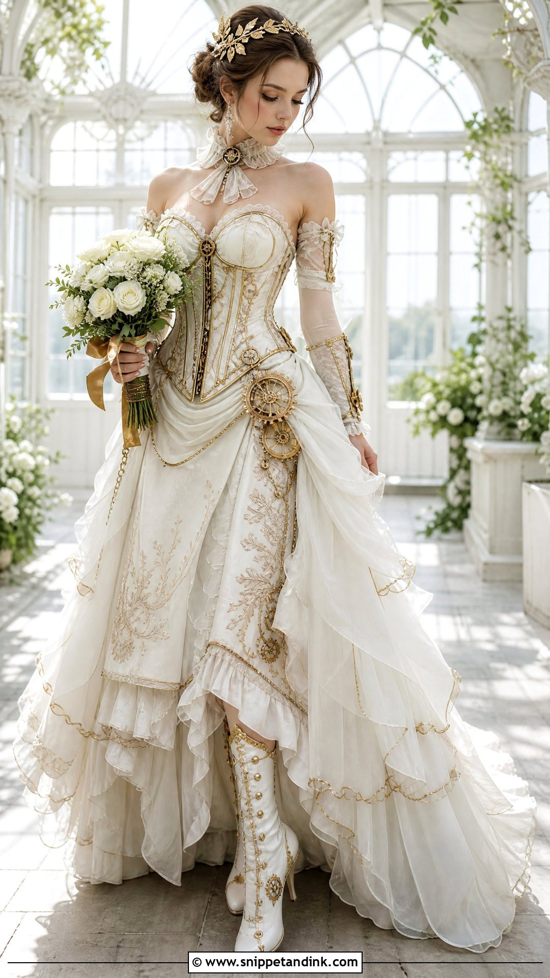 White And Gold Steampunk Wedding Dress - Snippet and Ink - 25 Steampunk Wedding Dress Ideas