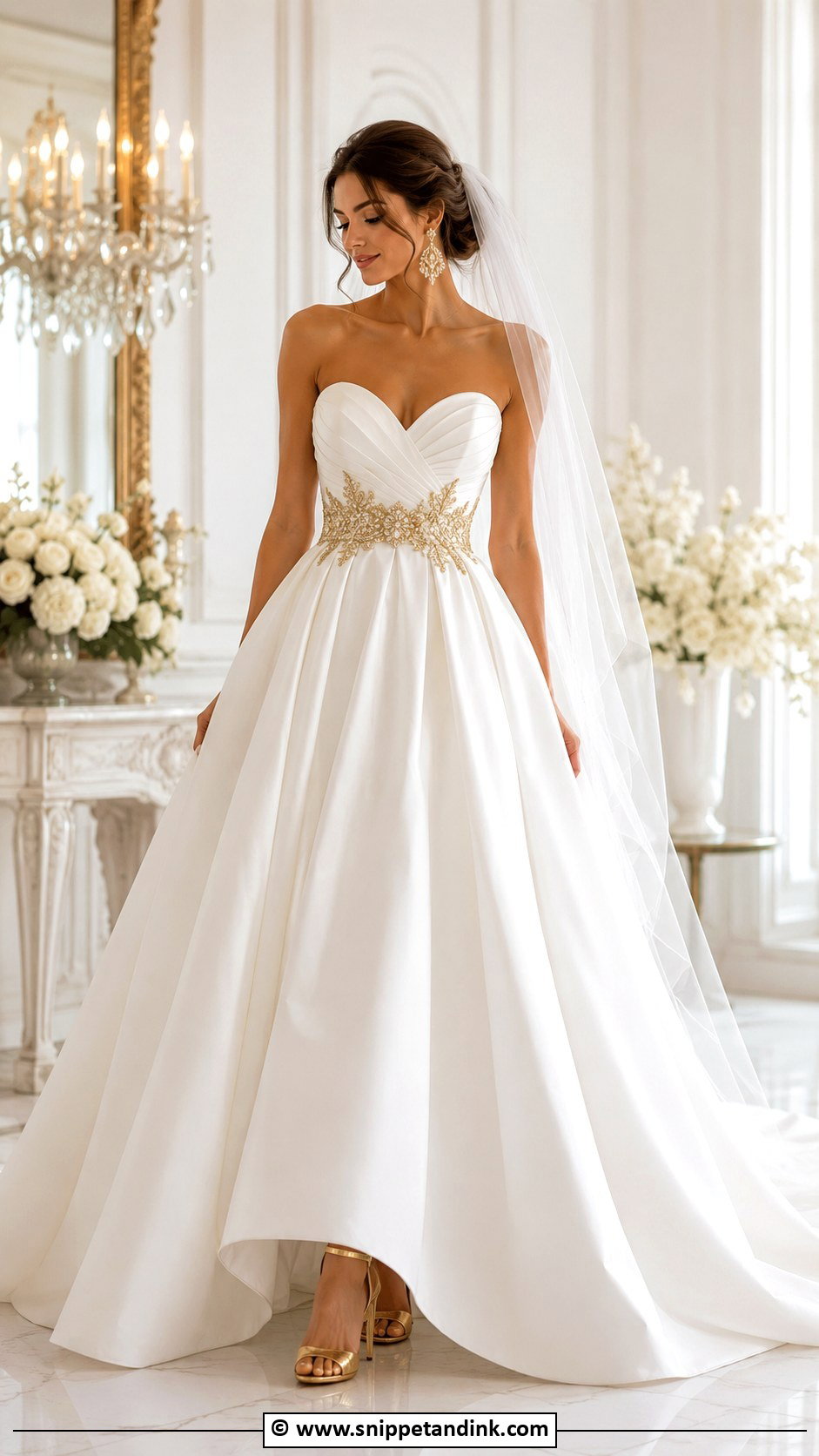 White And Gold Strapless Wedding Dress - Snippet and Ink - 25 White and Gold Wedding Dress Ideas