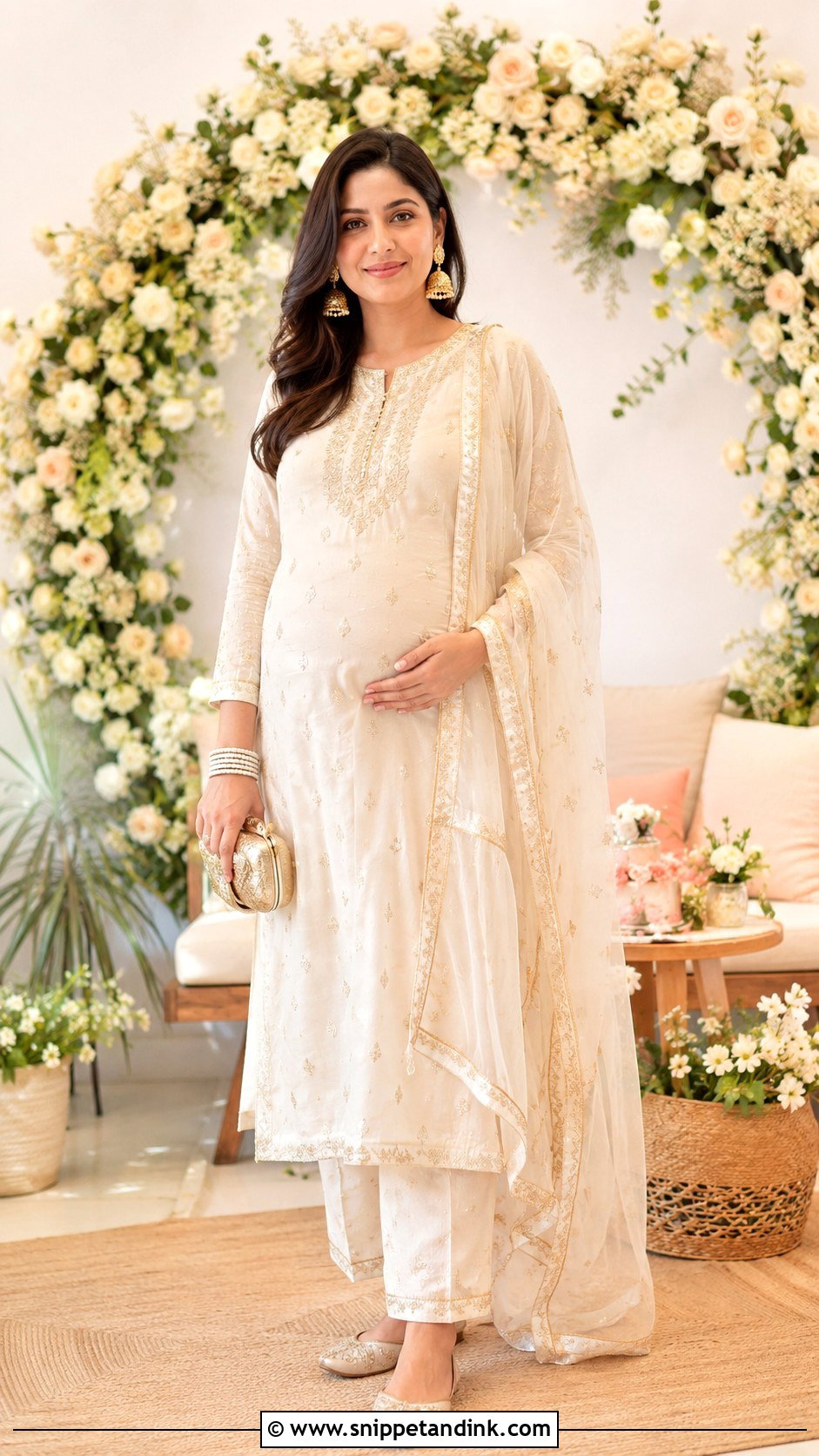 White And Gold Suit Godh Bharai Outfit - Snippet and Ink - 25 Godh Bharai Outfit Ideas