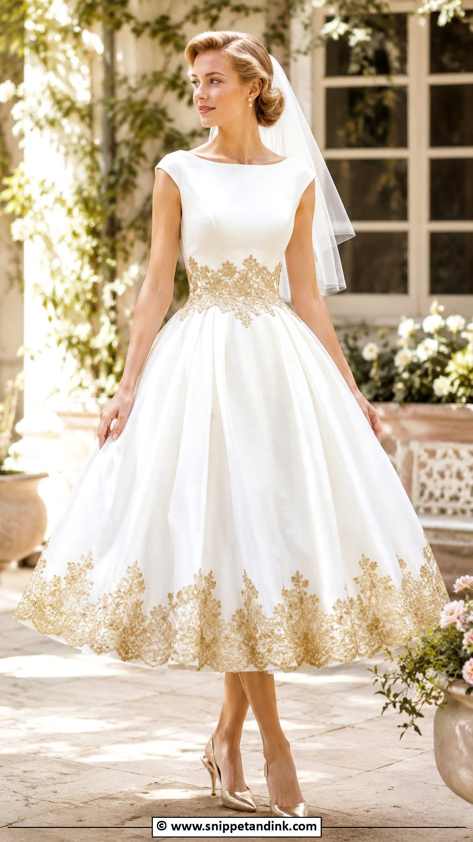 White And Gold Tea Length Wedding Dress - Snippet and Ink - 25 White and Gold Wedding Dress Ideas