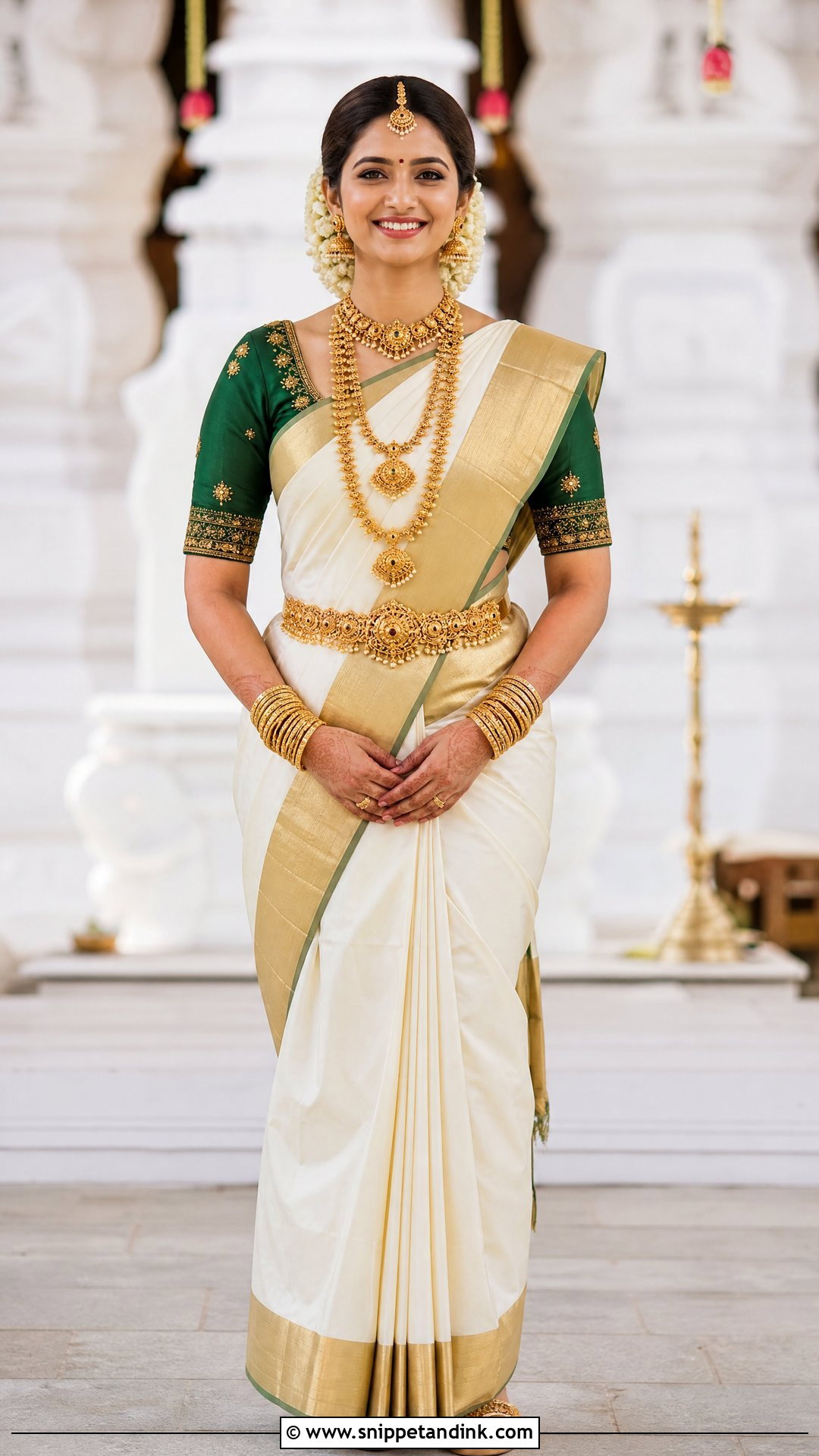 White And Gold Temple Bridal Saree - Snippet and Ink - 20 Simple Indian Bridal Outfit Ideas
