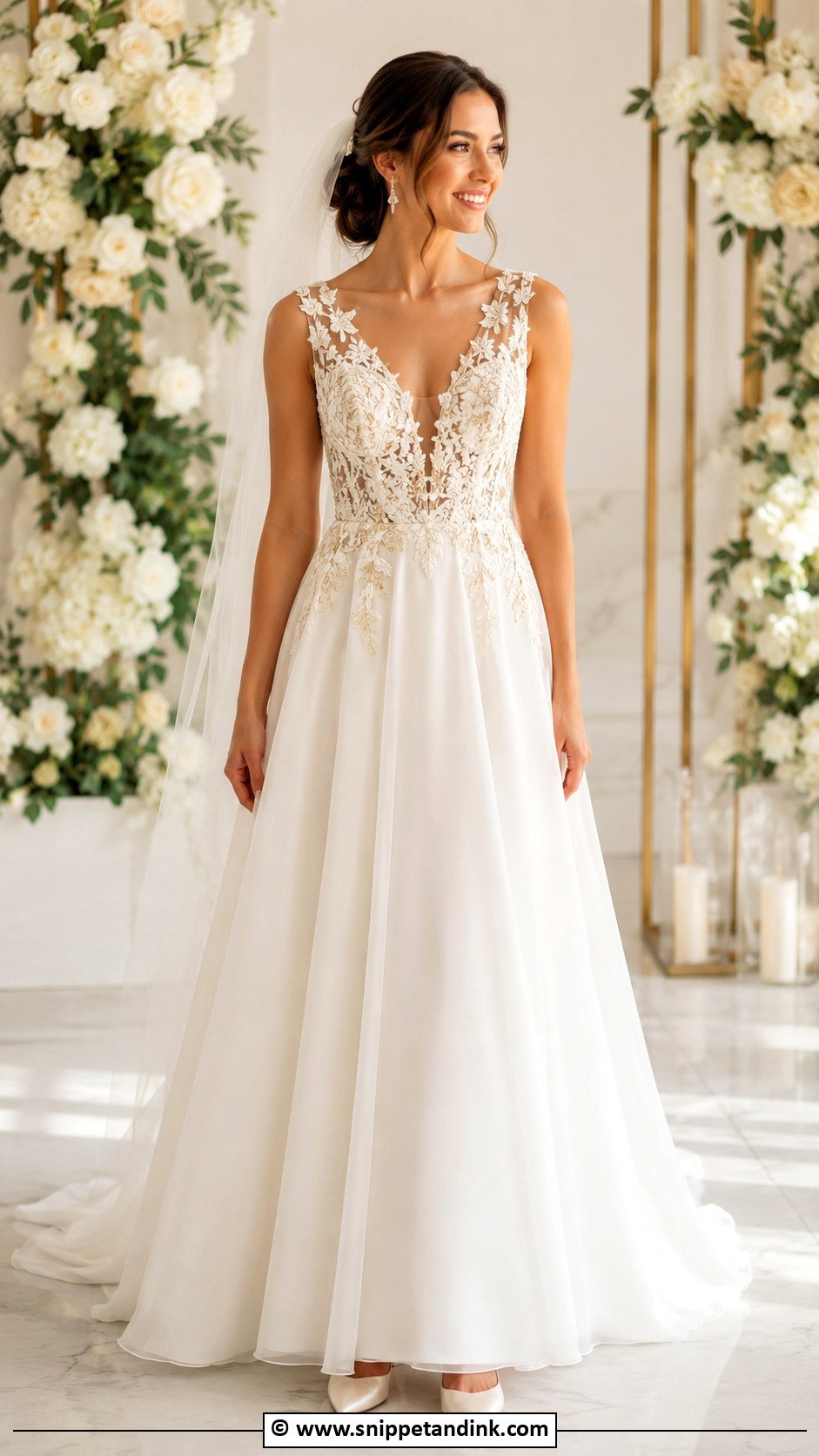 White And Gold V Neck Wedding Dress - Snippet and Ink - 25 White and Gold Wedding Dress Ideas