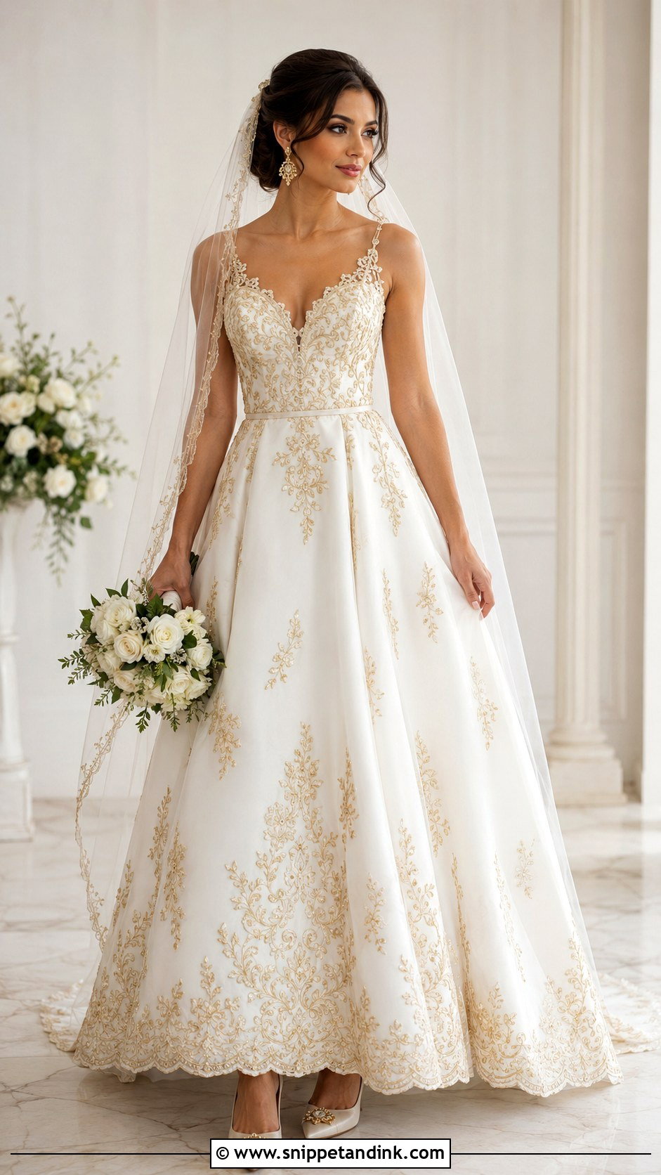 White And Gold Wedding Dress - Snippet and Ink - 25 Golden Wedding Dress Ideas