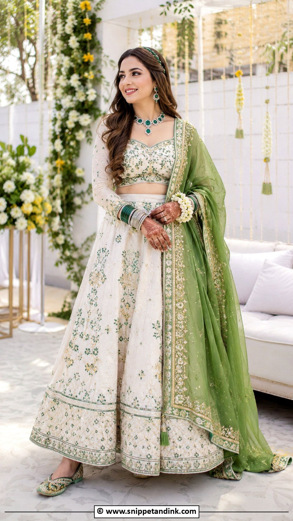 White And Green Bridal Mehndi Outfit - Snippet and Ink - 25 Indian Bridal Mehndi Outfit Ideas