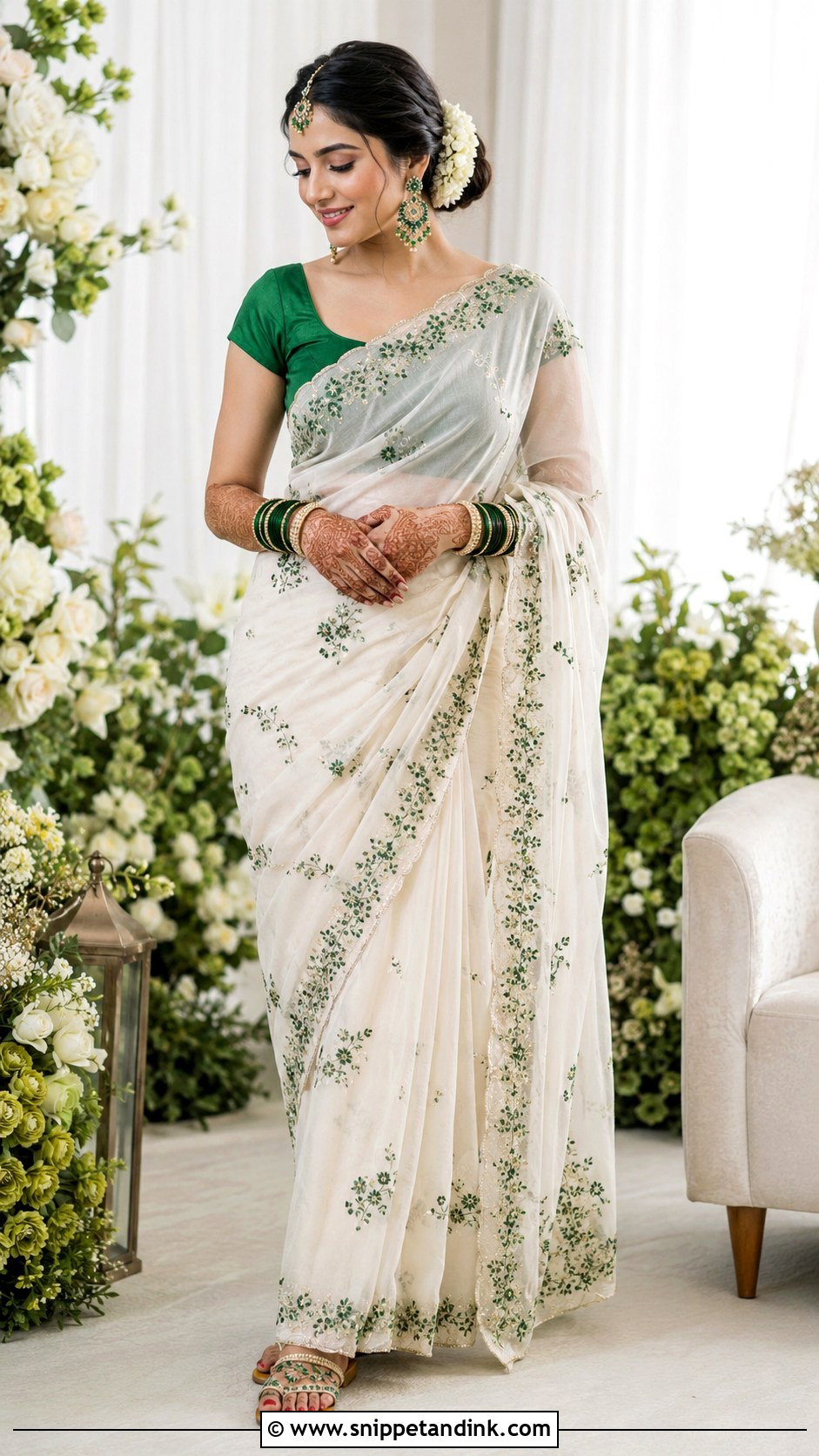 White And Green Bride Mehandi Saree - Snippet and Ink - 20 Bride Mehandi Outfit Ideas