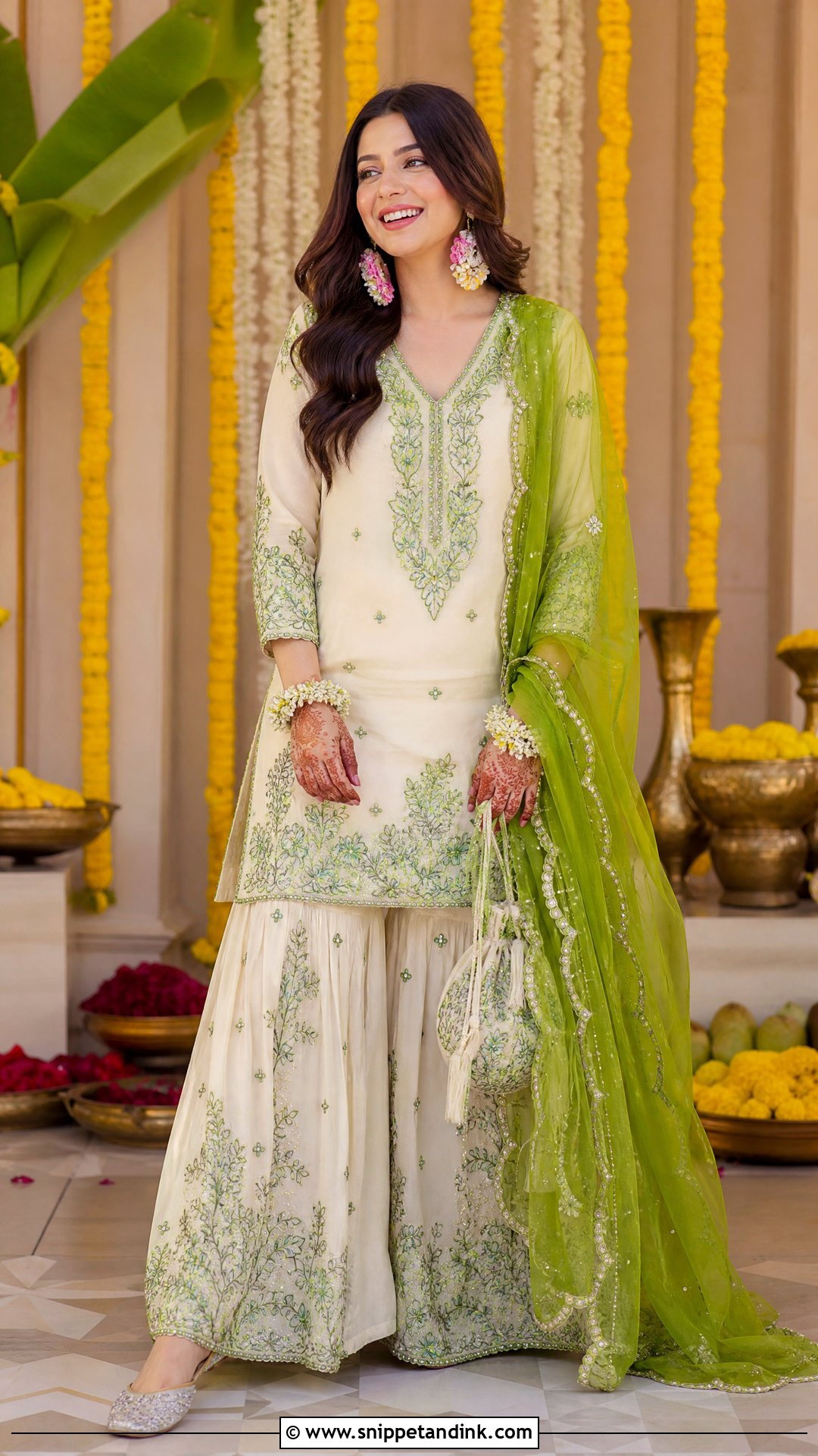 White And Green Mehandi Outfit - Snippet and Ink - 20 Mehandi Ceremony Outfit Ideas