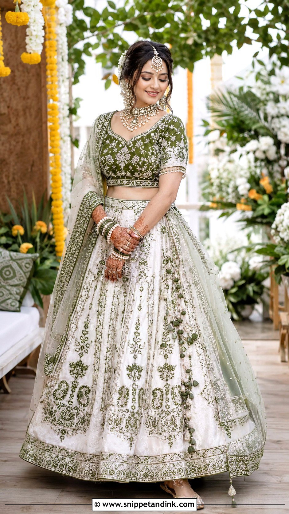 White And Green Mehendi Lehenga For Bride - Snippet and Ink - 30 Mehendi Dress Brides Ideas