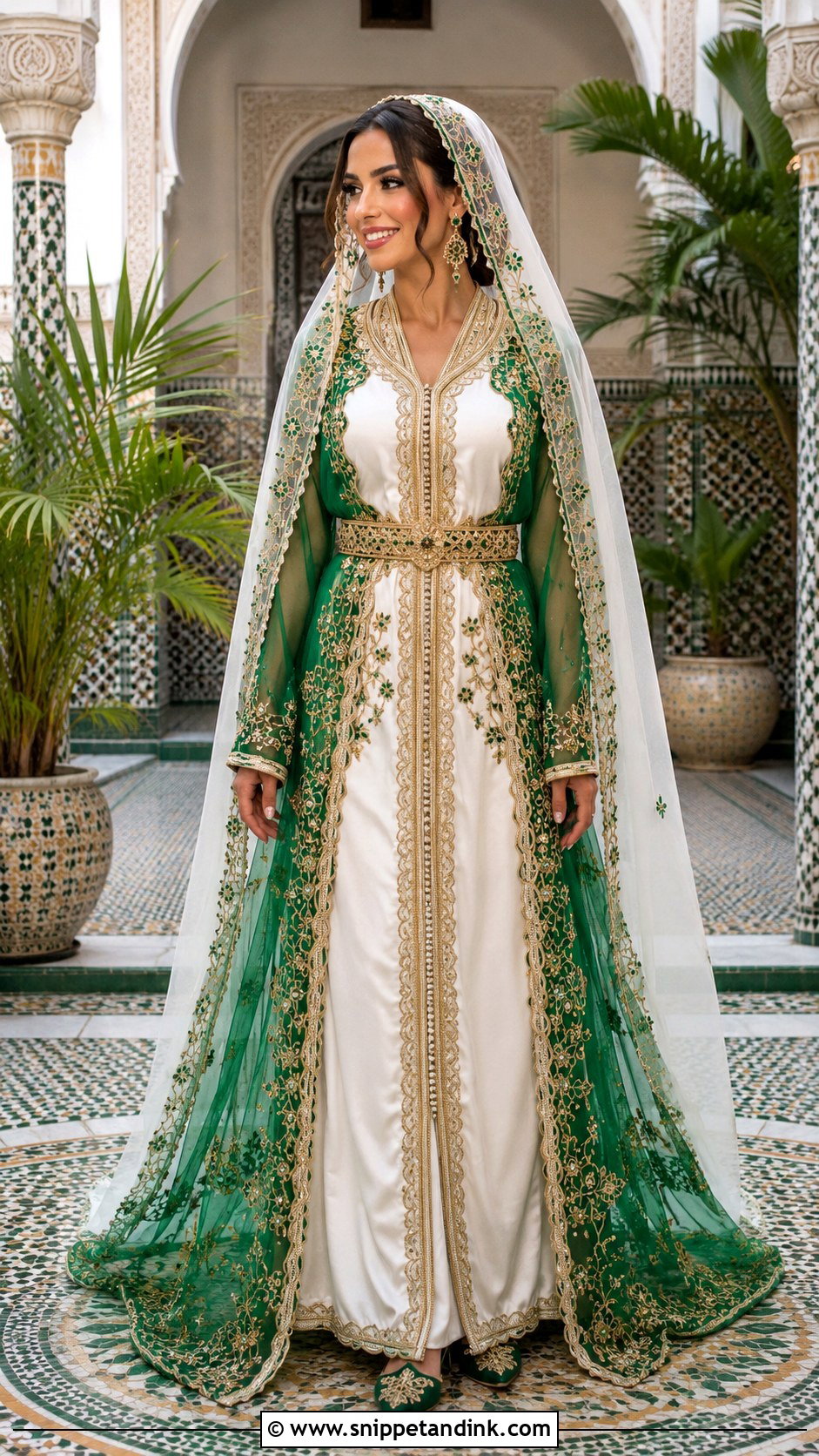 White And Green Moroccan Bride Takchita - Snippet and Ink - 20 Moroccan Bride Dress Ideas