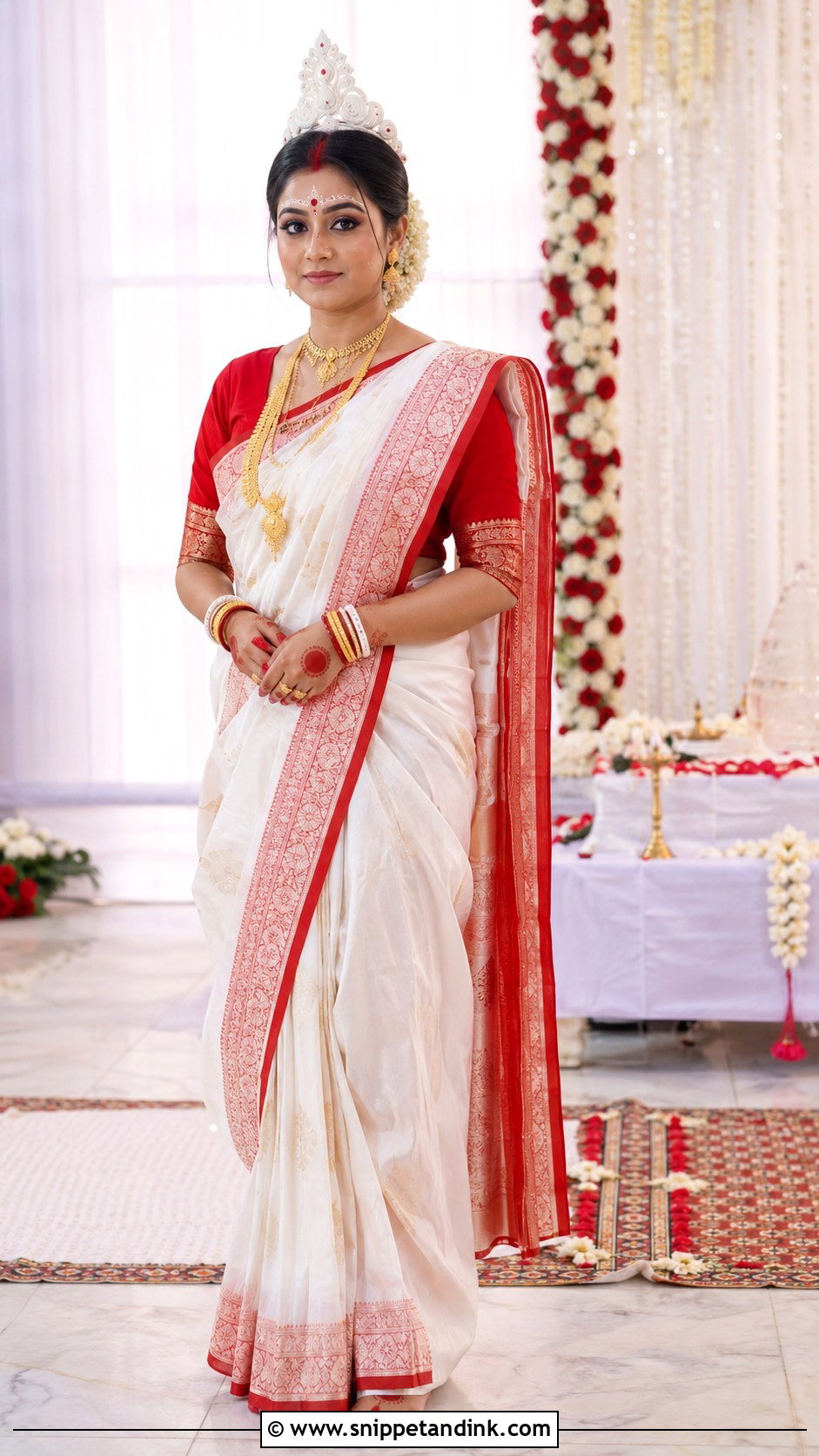 White And Red Bengali Bride Look - Snippet and Ink - 30 Bengali Bride Traditional Look Ideas