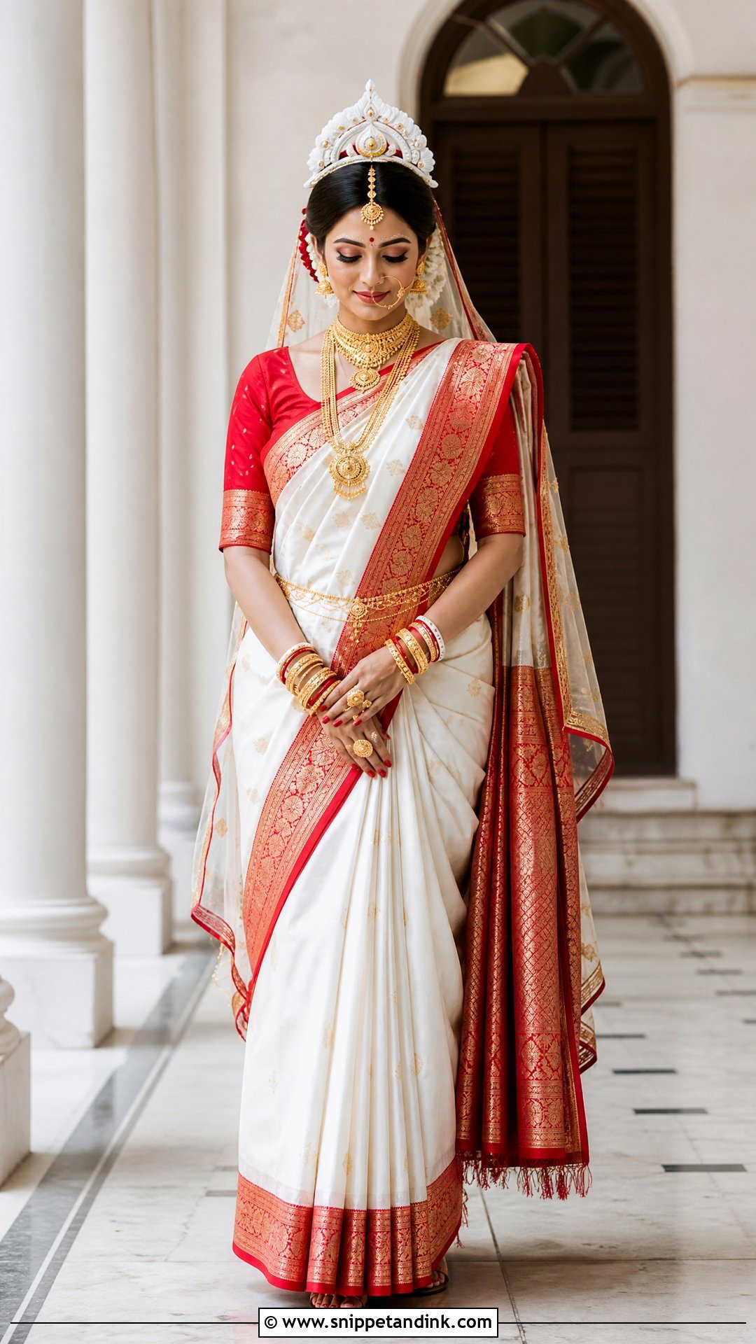 White And Red Bengali Indian Bridal Saree - Snippet and Ink - 20 Indian Bride Wedding Dress Ideas