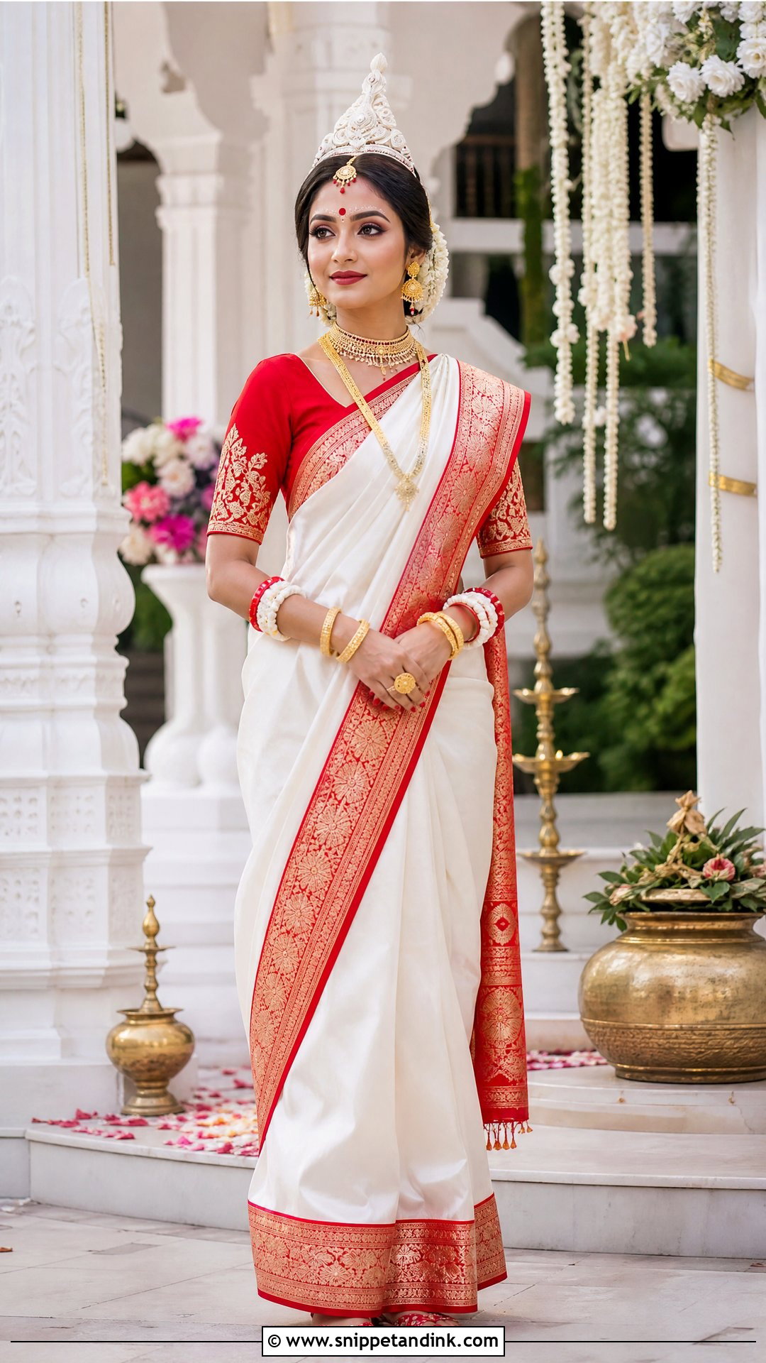 White And Red Bengali Saree Vaidik Marriage Dress - Snippet and Ink - 20 Vaidik Marriage Dress Ideas