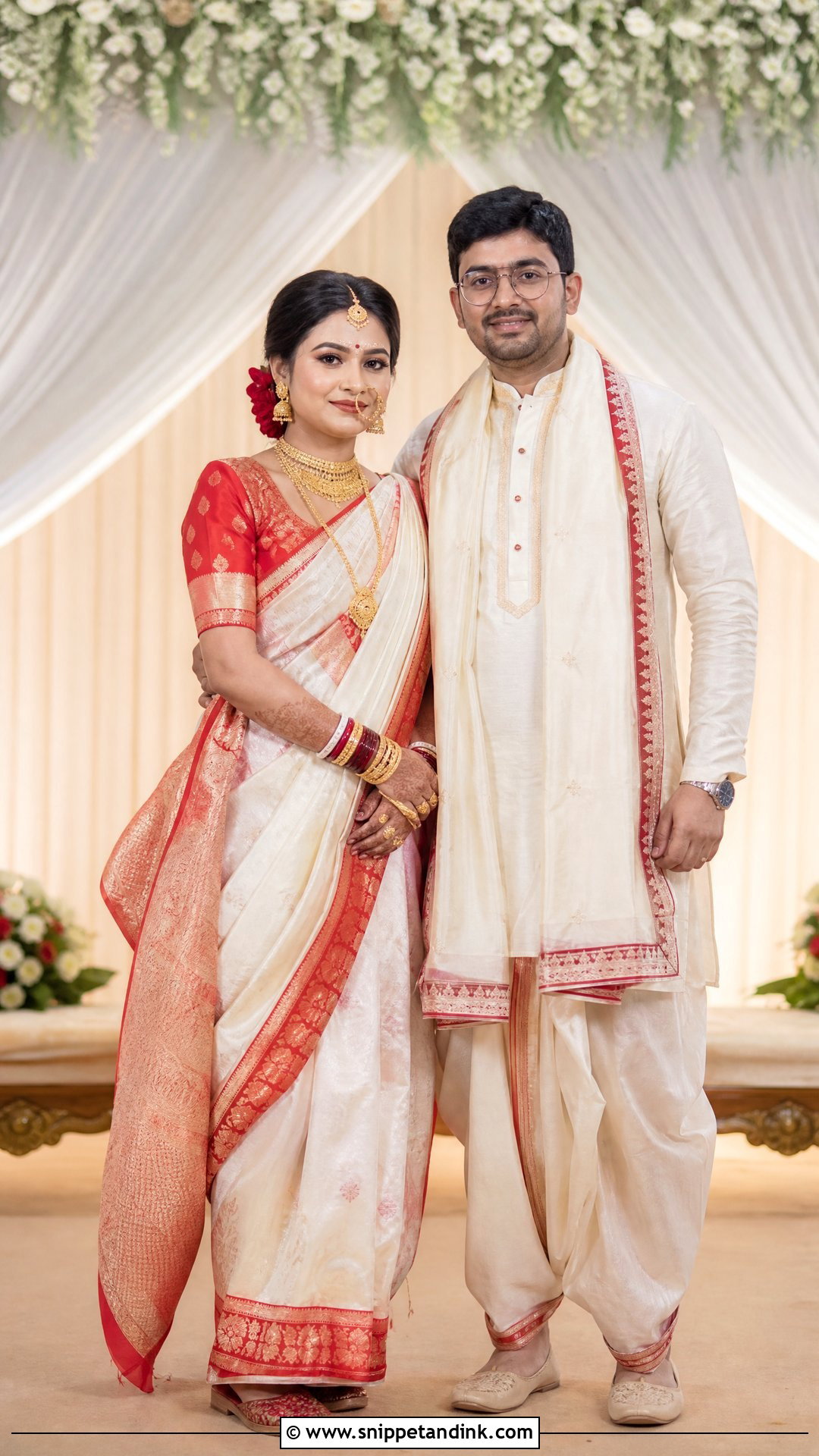White And Red Bengali Wedding Saree With Dhoti Kurta - Snippet and Ink - 25 Indian Hindu Couple Wedding Dress Ideas