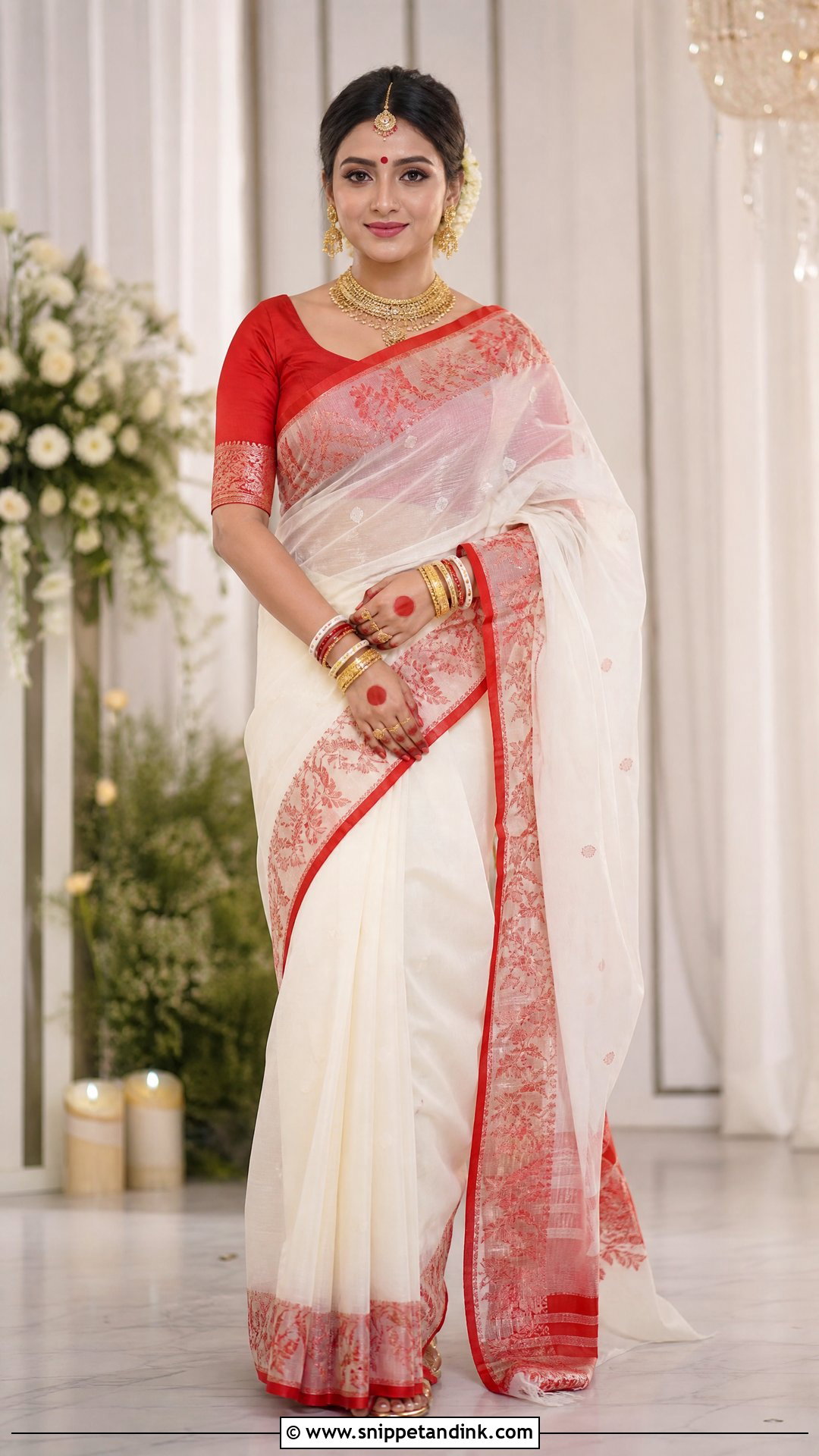 White And Red Jamdani Bride Saree - Snippet and Ink - 25 Jamdani Bride Ideas