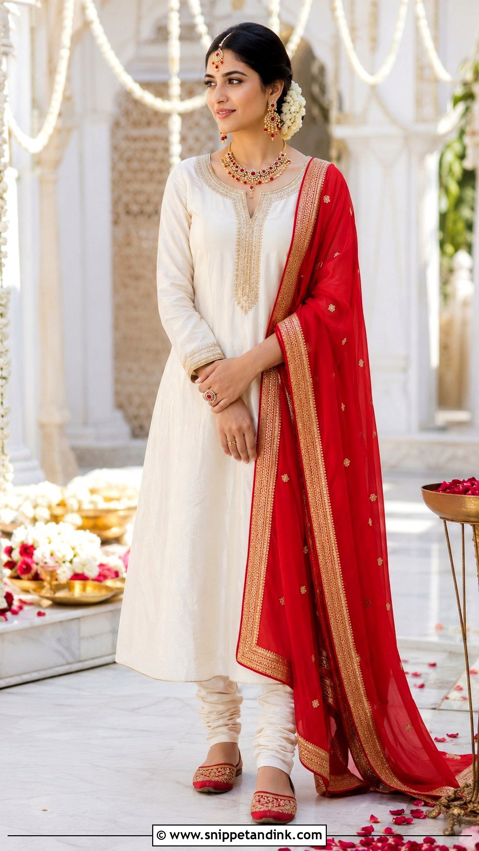 White And Red Khada Dupatta Contrast Outfit - Snippet and Ink - 20 Khada Duppata Hyderabadi Ideas