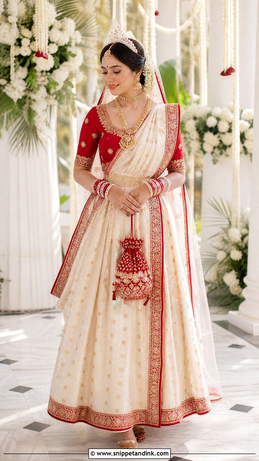 White And Red Lehenga Bengali Bride Look - Snippet and Ink - 20 Simple Bengali Bride Ideas