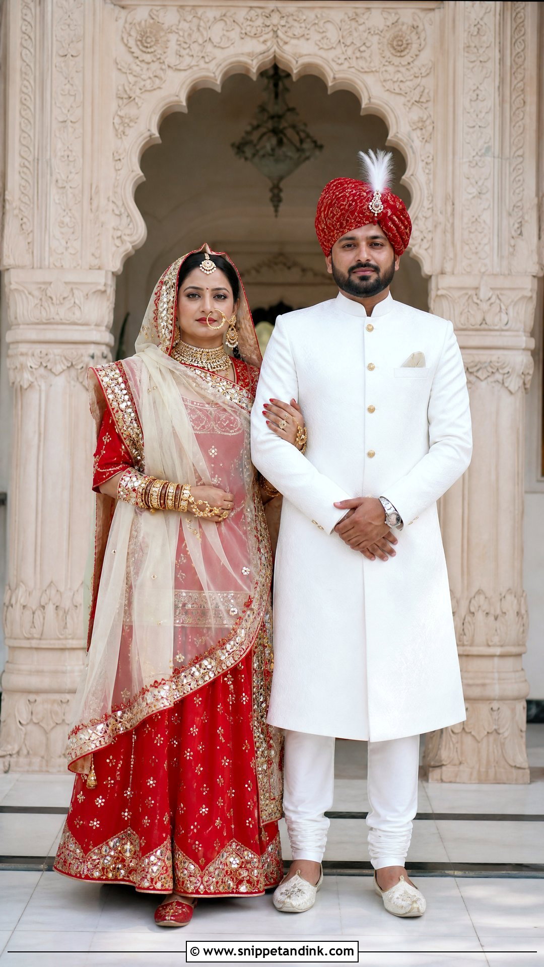 White And Red Rajputi Couple Outfit - Snippet and Ink - 20 Rajputi Couple Ideas