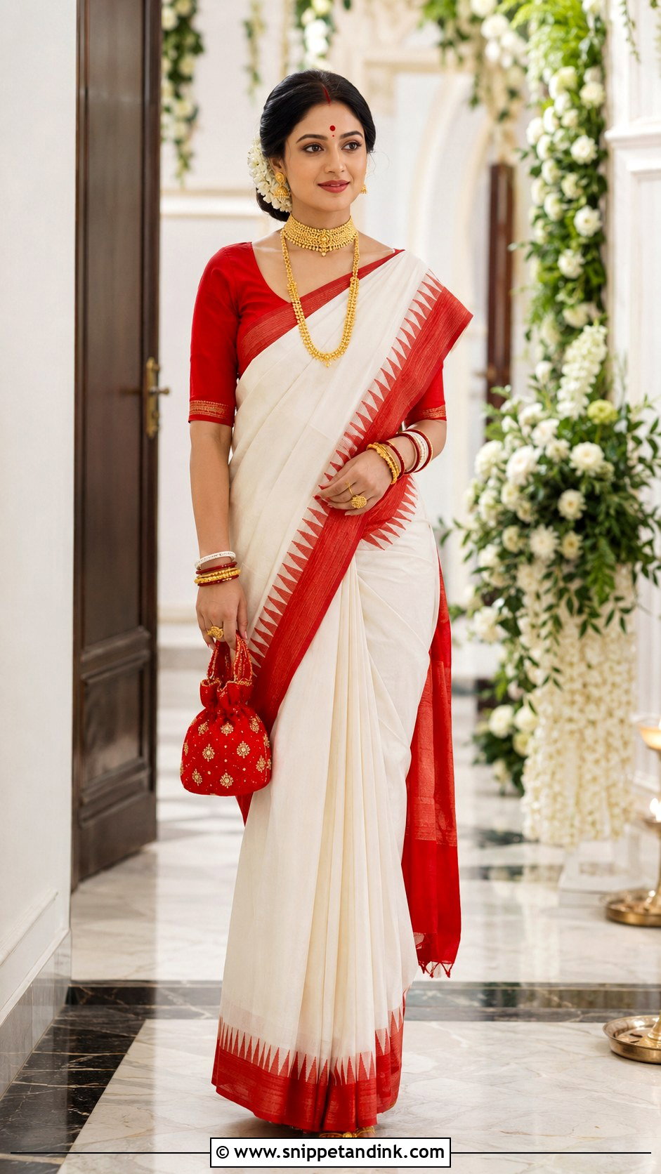 White And Red Saree With Bengali Bridal Bangles - Snippet and Ink - 20 Bridal Bengal Set Ideas