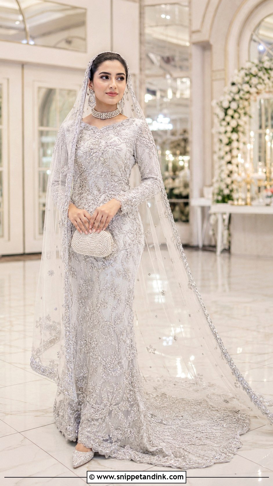 White And Silver Walima Bridal Trail Maxi - Snippet and Ink - 20 Walima Bridal Dress Ideas