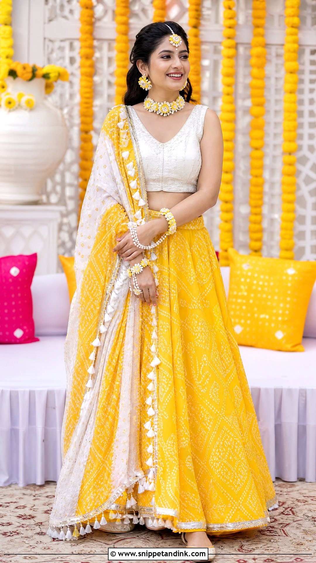 White And Yellow Bandhani Haldi Lehenga - Snippet and Ink - 20 Haldi Clothes for Bride Ideas