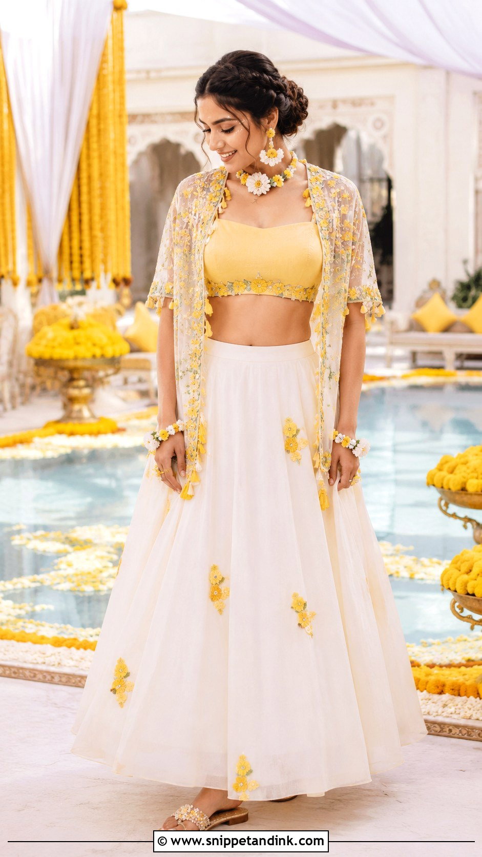 White And Yellow Bridal Lehenga Haldi Pool Party Outfit - Snippet and Ink - 20 Haldi Pool Party Outfit Ideas