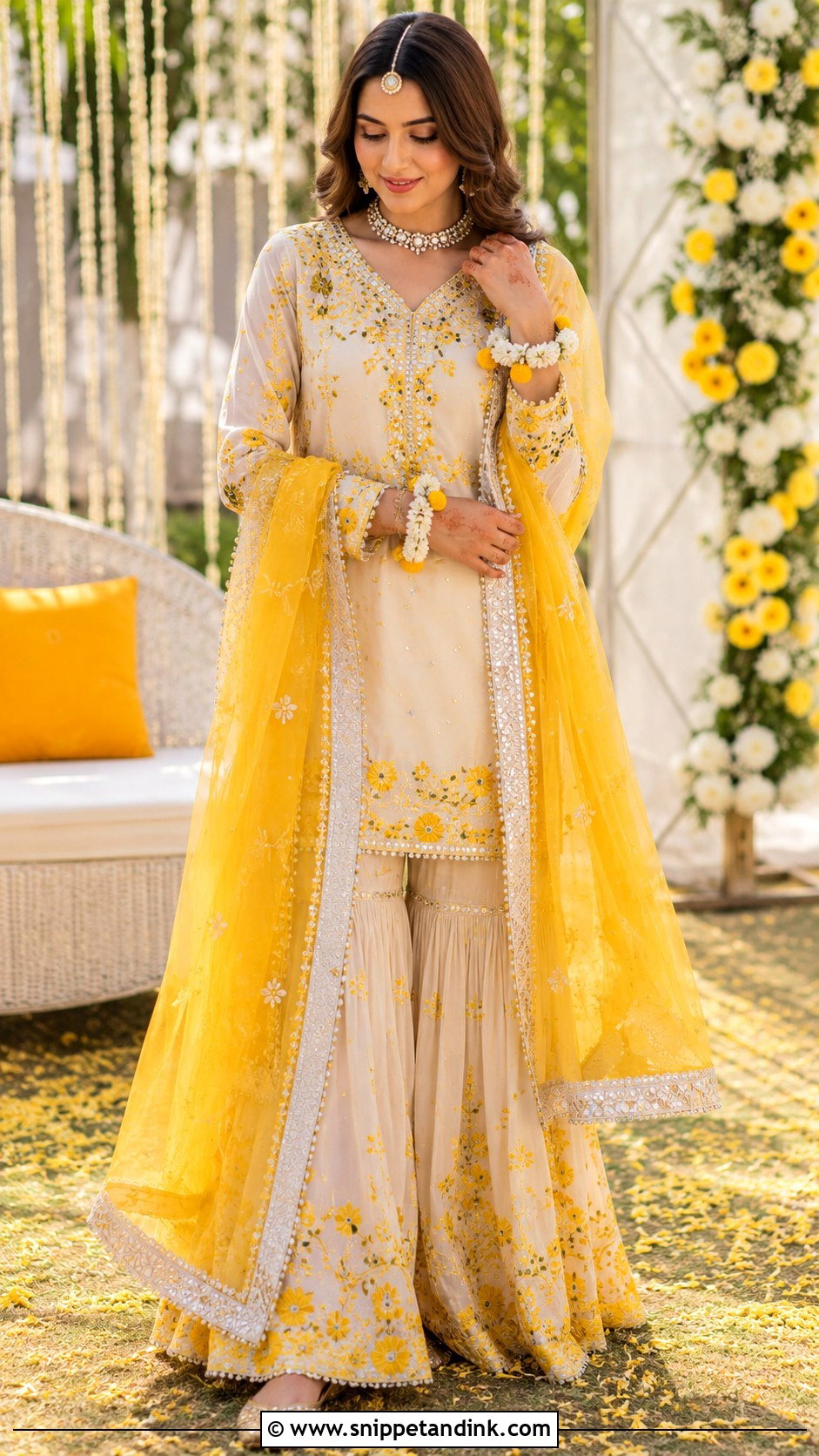 White And Yellow Bridal Mehndi Dress - Snippet and Ink - 30 Bridal Mehndi Dresses Ideas