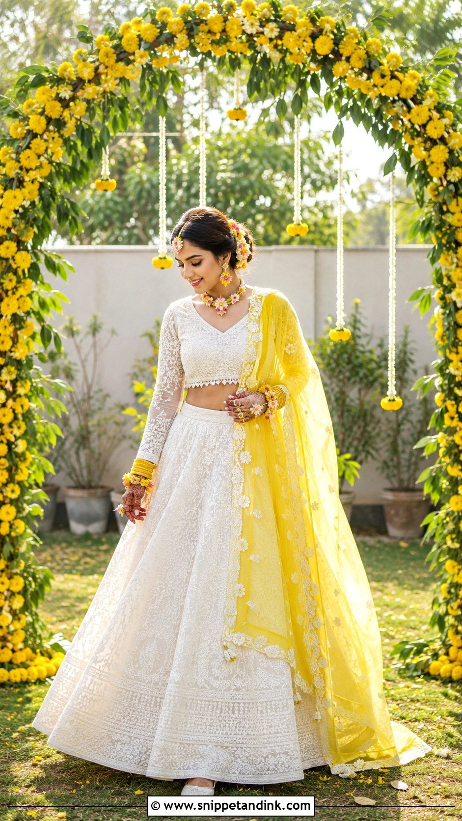 White And Yellow Chikankari Mehandi Bridal Lehenga - Snippet and Ink - 20 Mehandi Bridal Dress Ideas