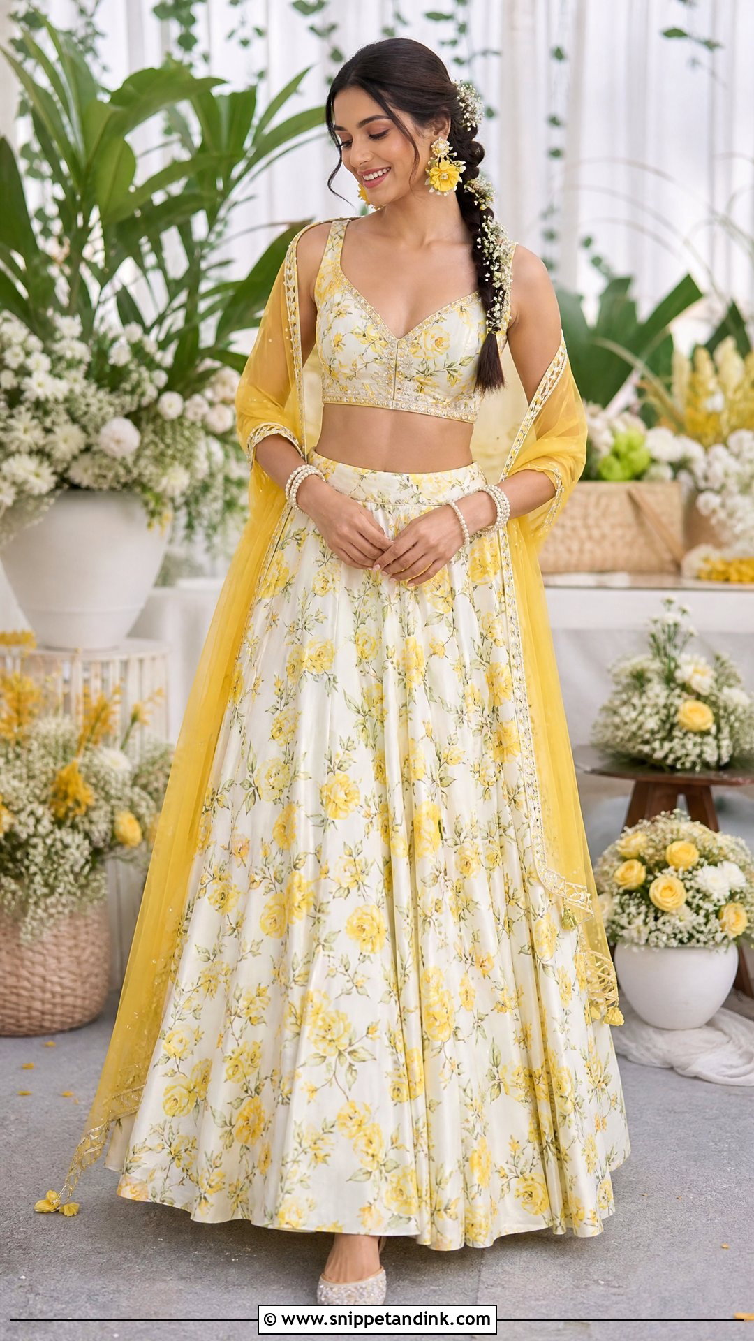 White And Yellow Floral Lehenga Haldi Outfit - Snippet and Ink - 20 Bride Haldi Dress Ideas