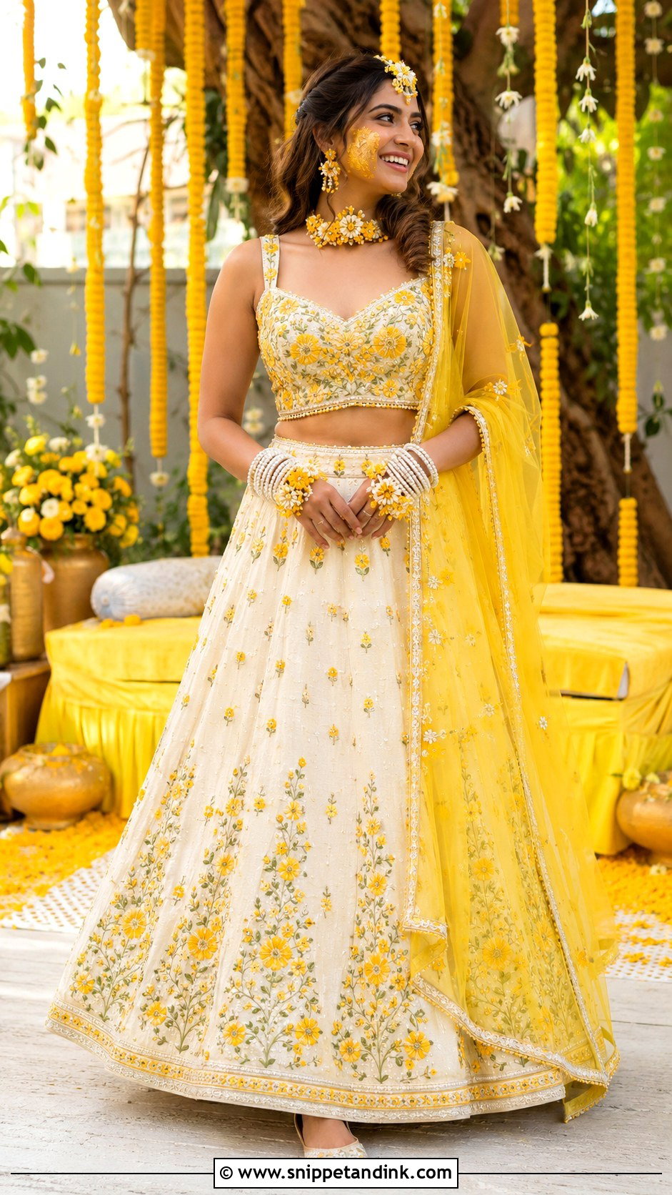 White And Yellow Haldi Lehenga - Snippet and Ink - 30 Indian Bridal Haldi Outfit Ideas