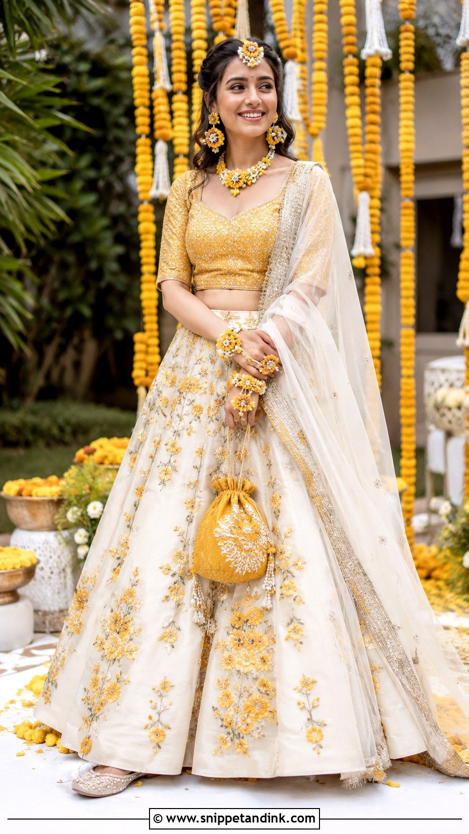 White And Yellow Haldi Lehenga - Snippet and Ink - 20 Haldi Trending Outfits