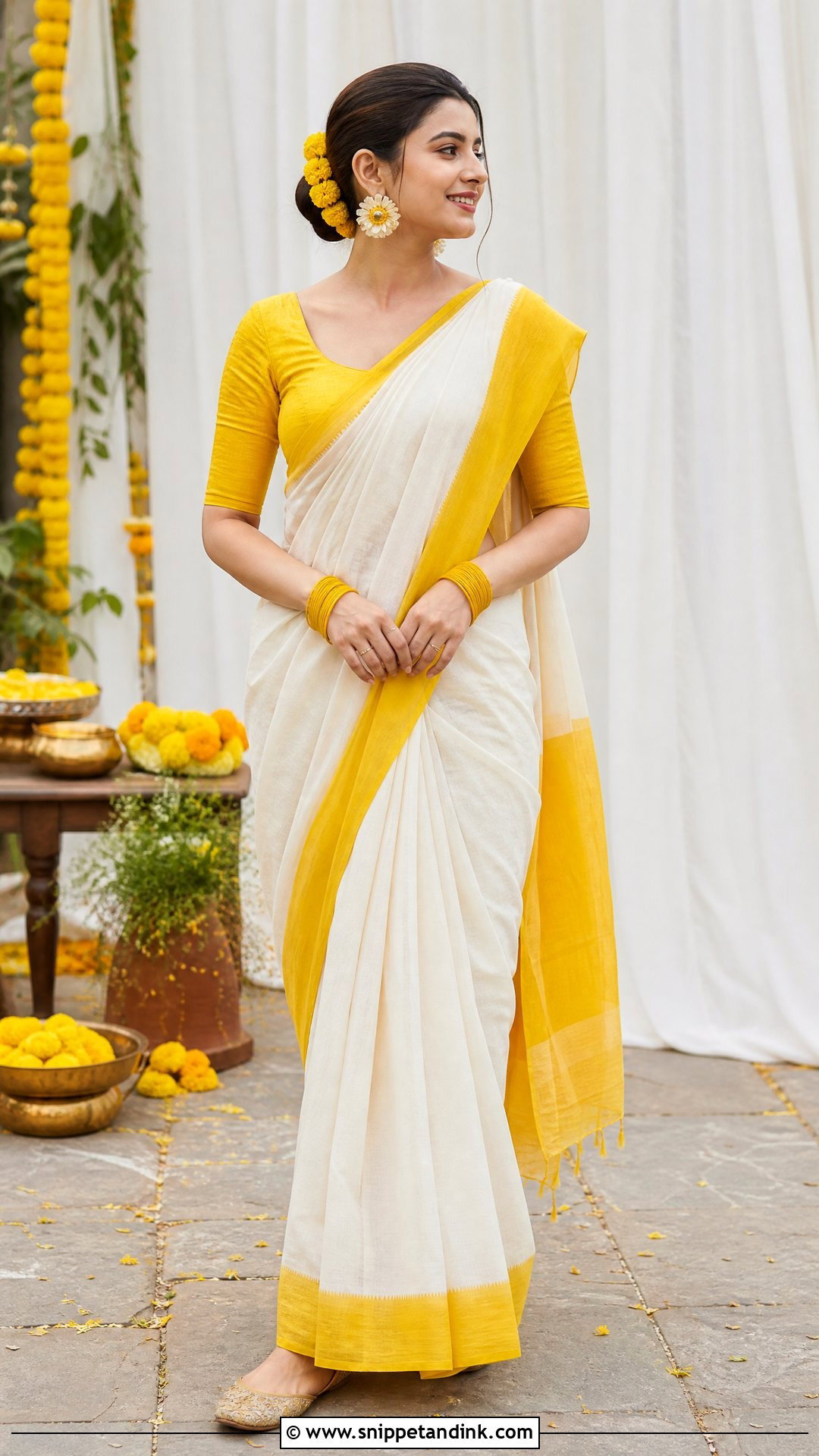 White And Yellow Haldi Saree Outfit - Snippet and Ink - 25 Haldi Mehendi Outfit Ideas