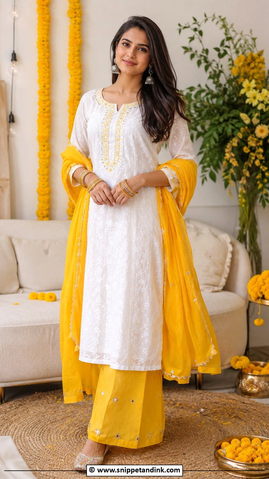 White And Yellow Kurta Palazzo Set For Haldi - Snippet and Ink - 30 Indian Haldi Ceremony Outfit for Sister Ideas