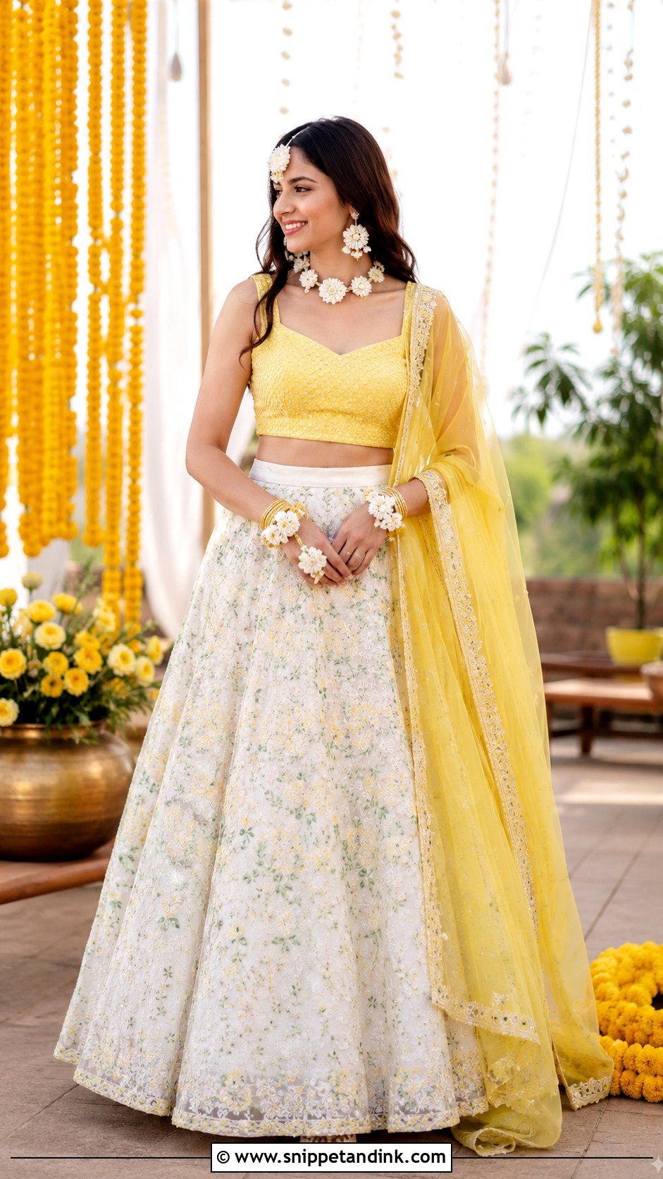 White And Yellow Lehenga Haldi Dress for Bride - Snippet and Ink - 25 Indian Haldi Dress for Bride Ideas