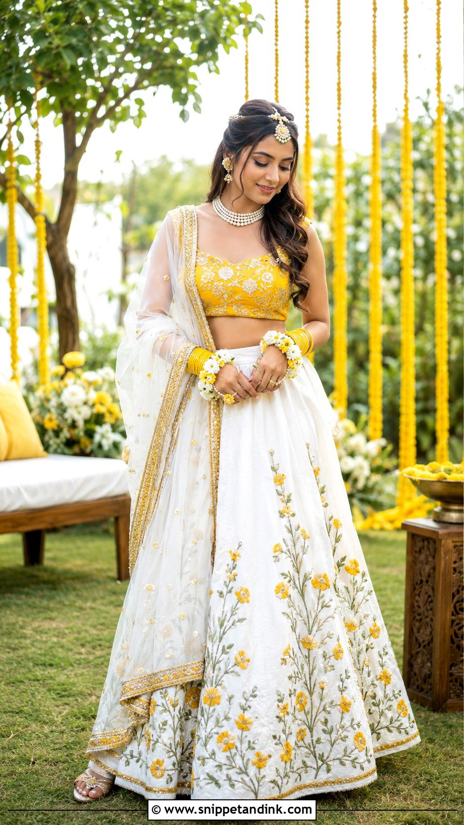 White And Yellow Mehandi Dress for Bride - Snippet and Ink - 25 Mehandi Dress for Bride Ideas