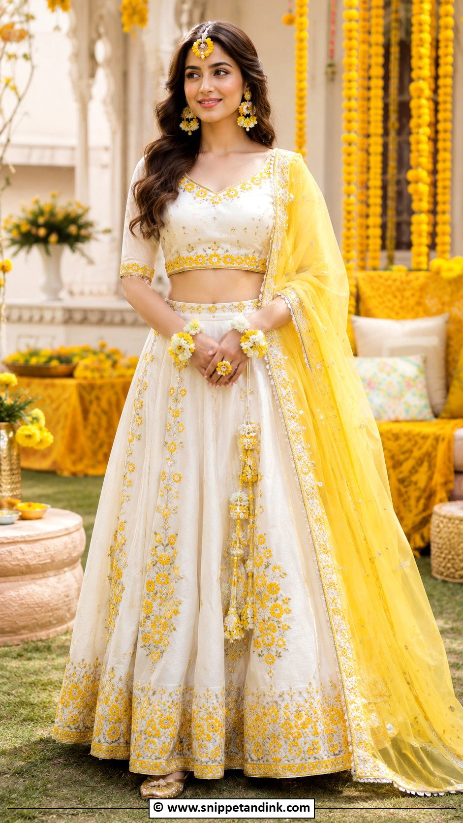 White And Yellow Mehendi Bridal Outfit - Snippet and Ink - 30 Mehendi Bridal Outfit Ideas