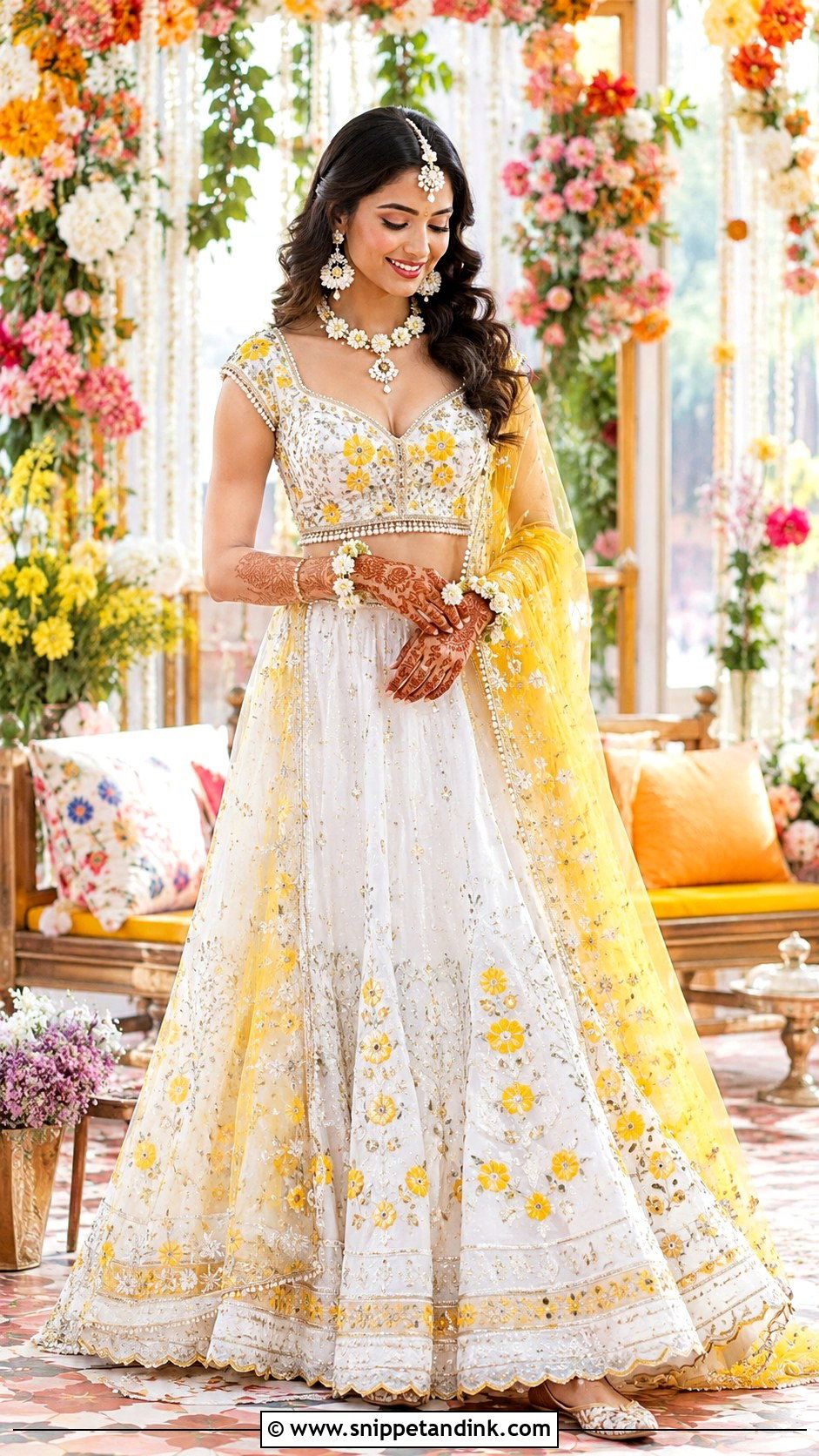 White And Yellow Mehendi Lehenga - Snippet and Ink - 25 Mehendi Outfit for Bride Ideas
