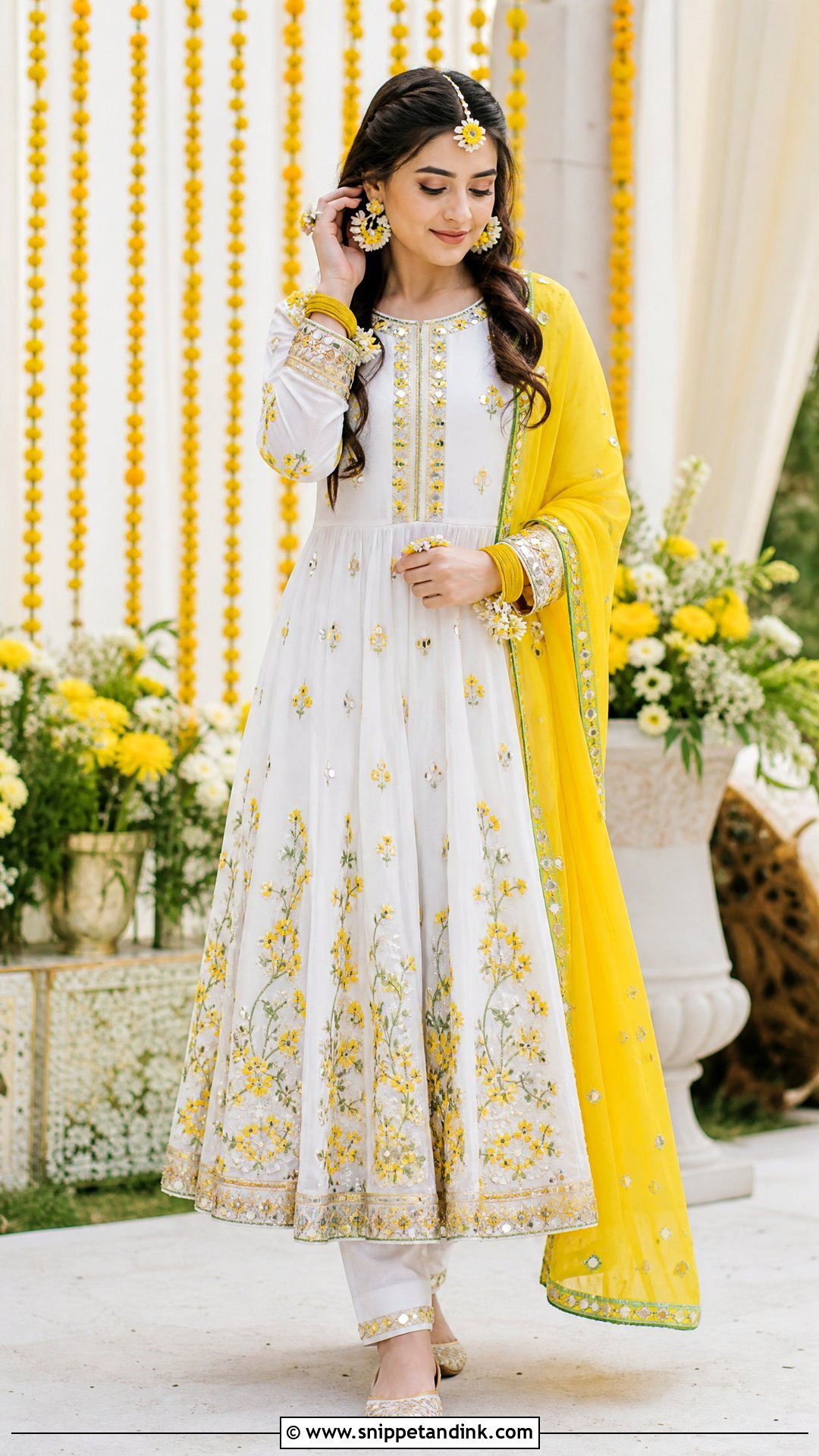 White And Yellow Mehndi Bridal Anarkali - Snippet and Ink - 20 Pakistani Mehndi Bridal Wear Ideas