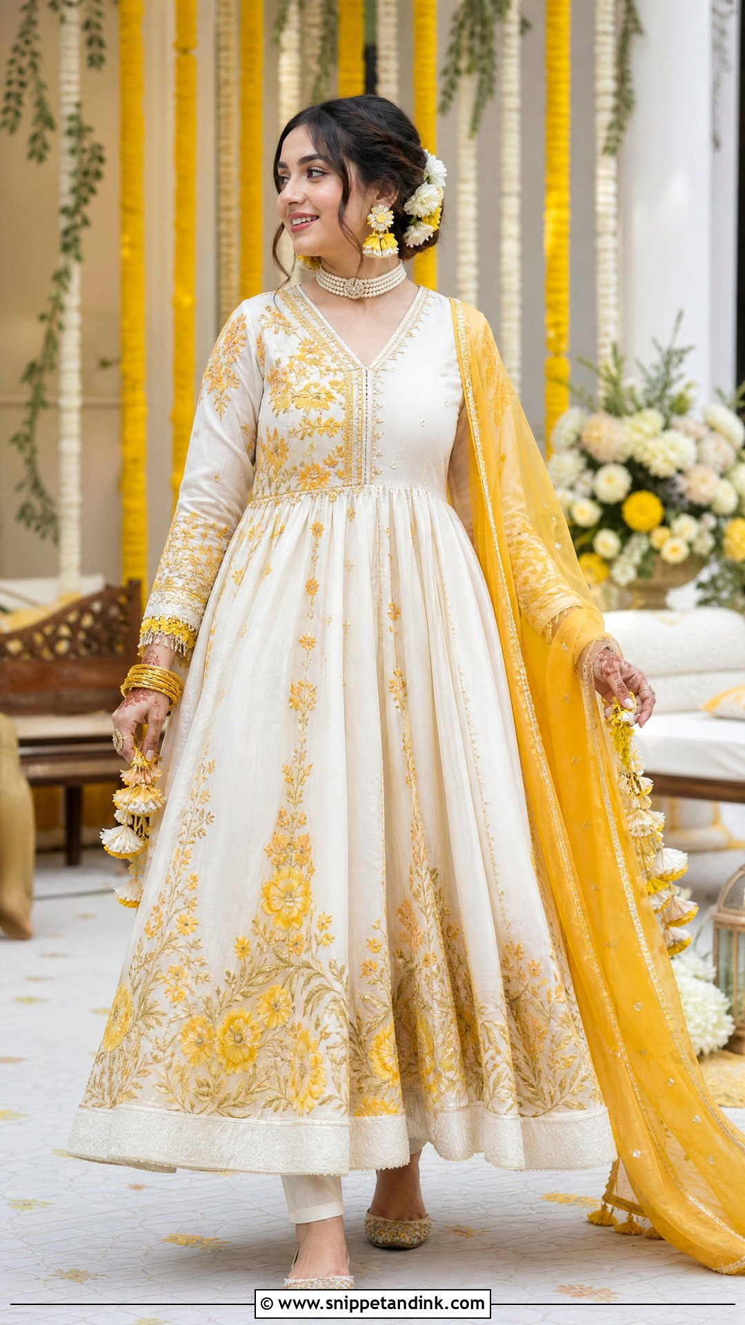 White And Yellow Mehndi Bridal Anarkali - Snippet and Ink - 20 Pakistan Mehndi Bridal Outfit Ideas