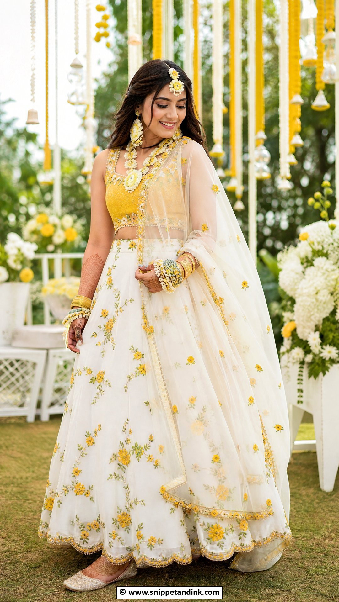 White And Yellow Mehndi Dress For Bride - Snippet and Ink - 35 Mehndi Dress for Bride Ideas