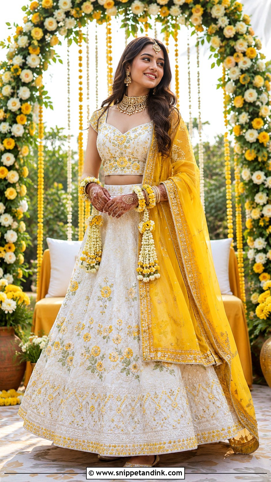 White And Yellow Mehndi Outfit - Snippet and Ink - 30 Mehndi Outfit for Bride Ideas