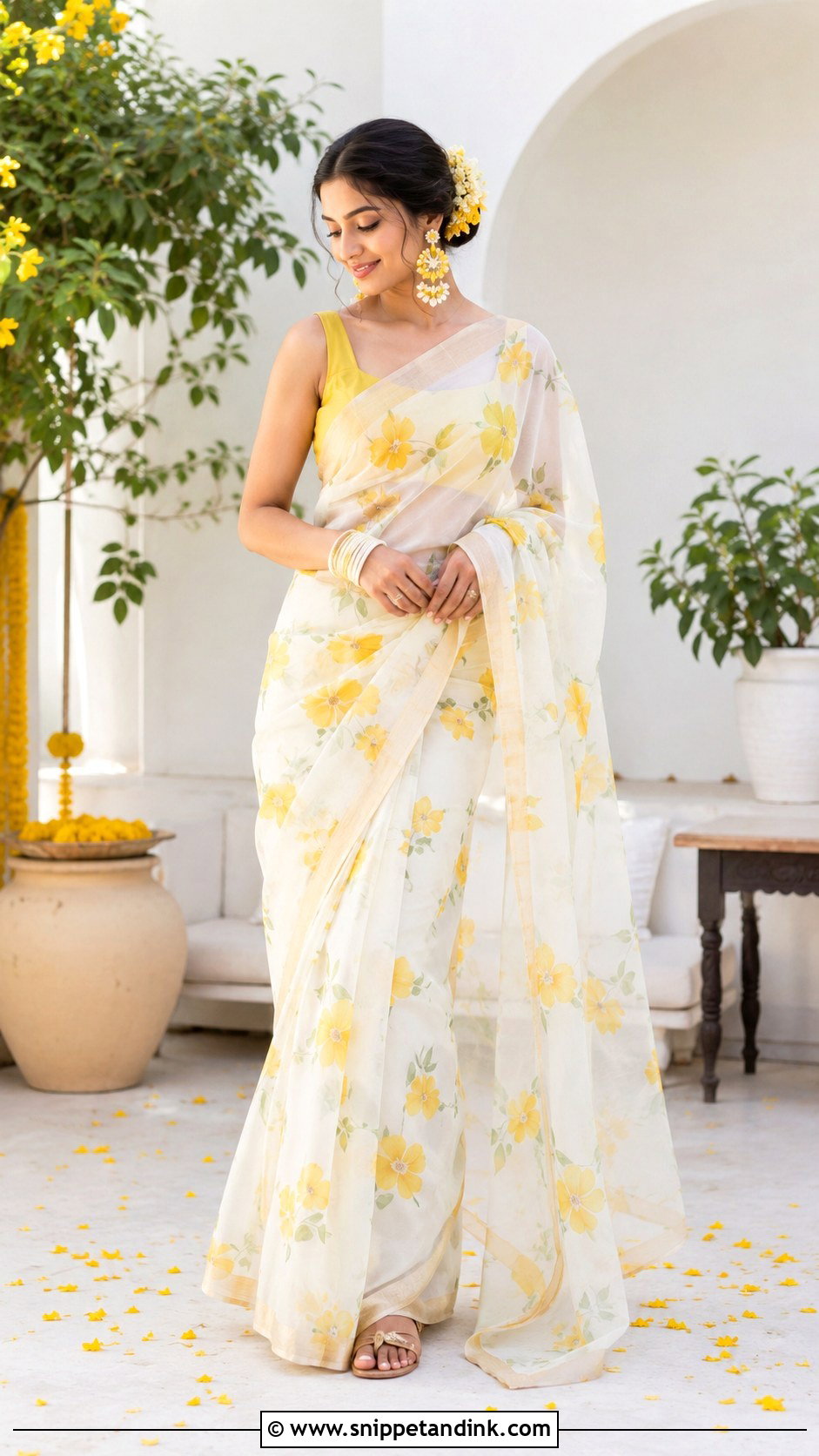 White And Yellow Saree Haldi Outfit - Snippet and Ink - 20 Alia Bhatt Haldi Outfit Ideas