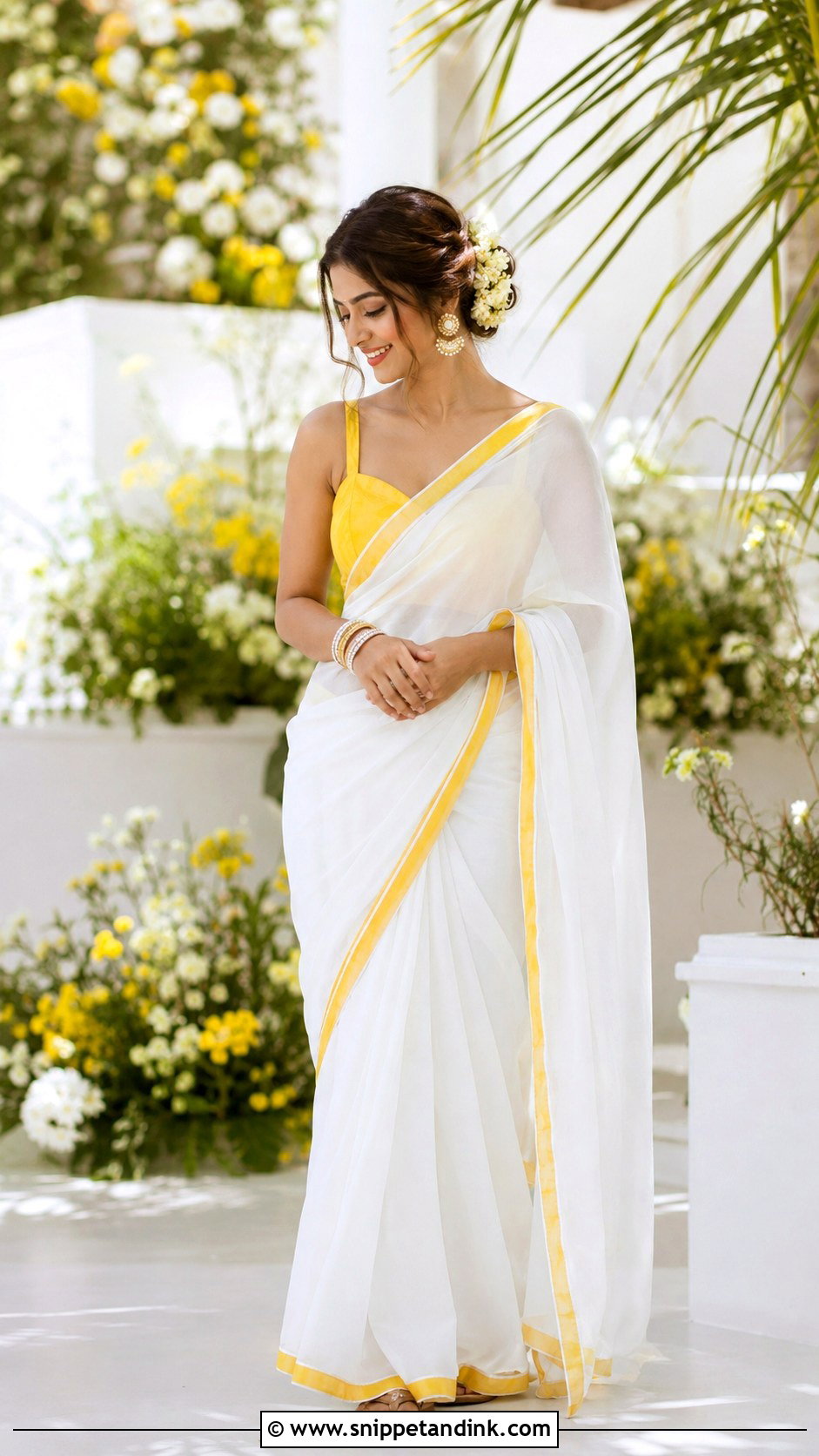 White And Yellow Saree Haldi Outfit - Snippet and Ink - 25 Outfit for Haldi Function Ideas