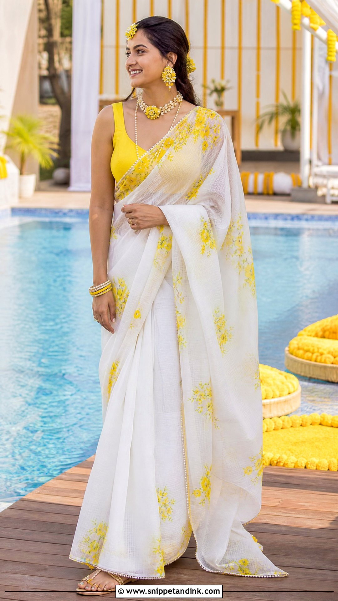White And Yellow Saree Poolside Haldi Outfit - Snippet and Ink - 20 Pool Side Haldi Outfits