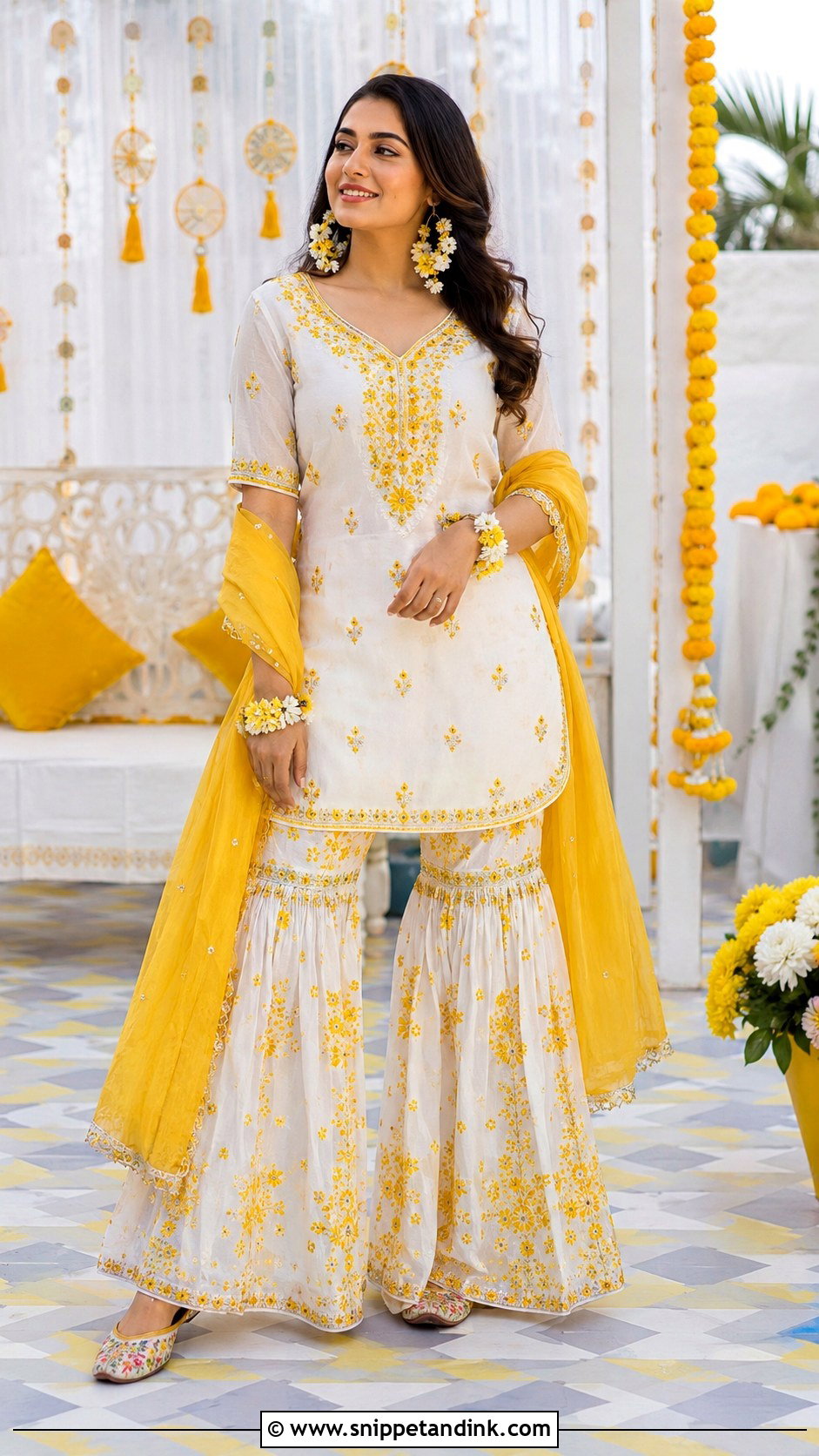 White And Yellow Sharara Haldi Carnival Outfit - Snippet and Ink - 25 Haldi Carnival Outfit Ideas