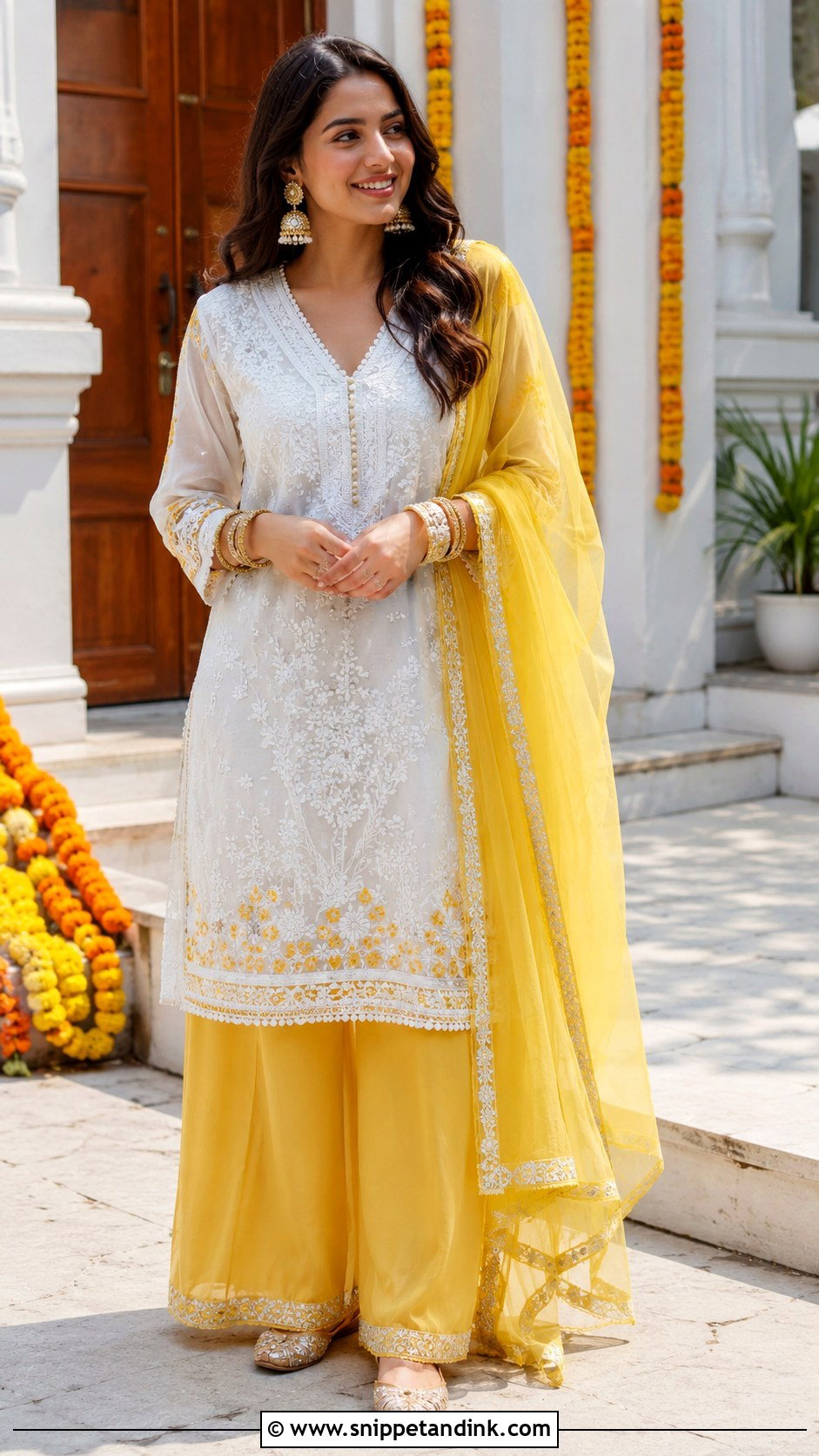 White And Yellow Suit For Mehndi Ceremony - Snippet and Ink - 25 Mehndi Ceremony Outfit Ideas
