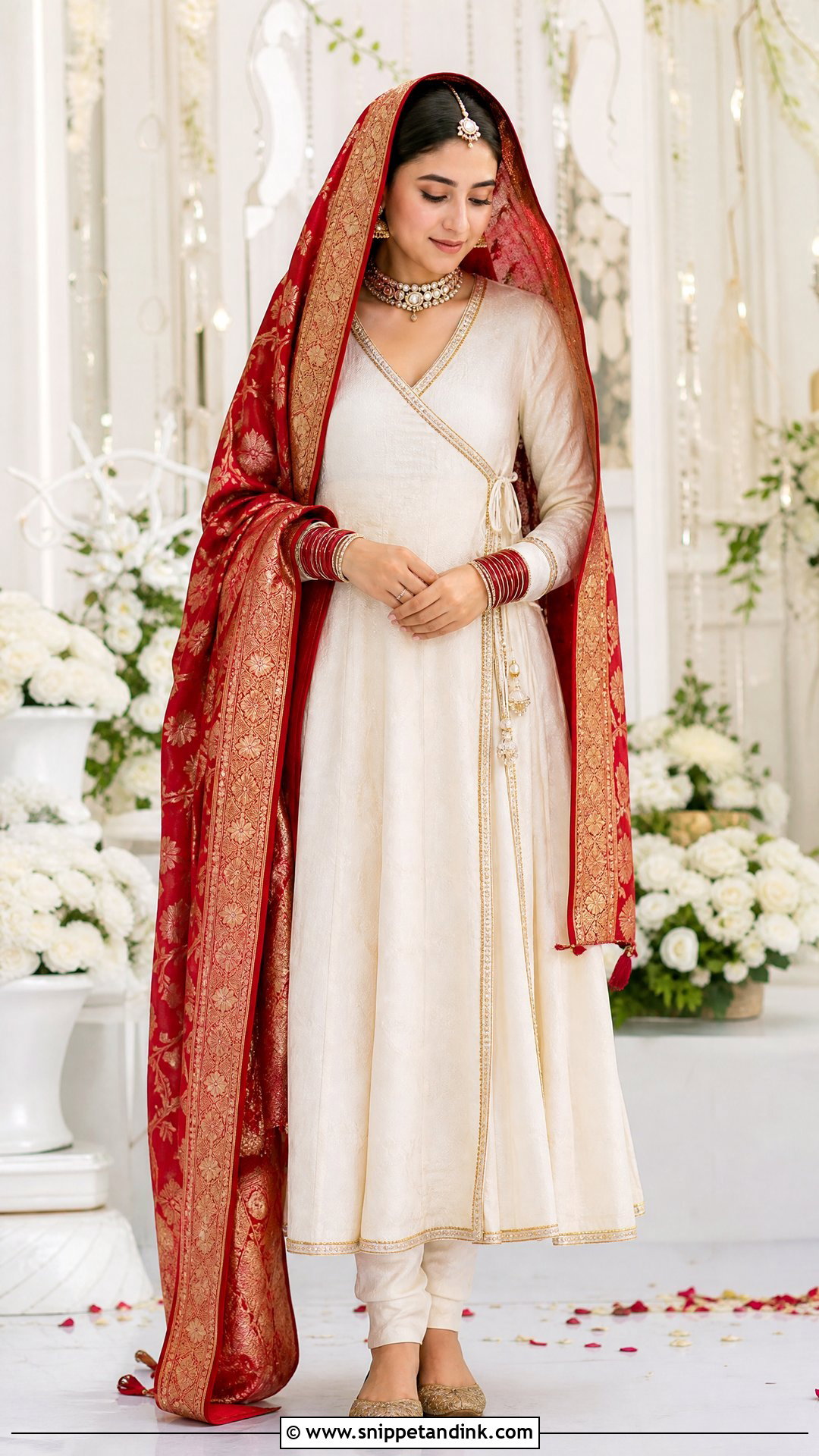White Angarkha Nikkah Dress With Red Dupatta - Snippet and Ink - 20 White Nikkah Dress with Red Dupatta Ideas