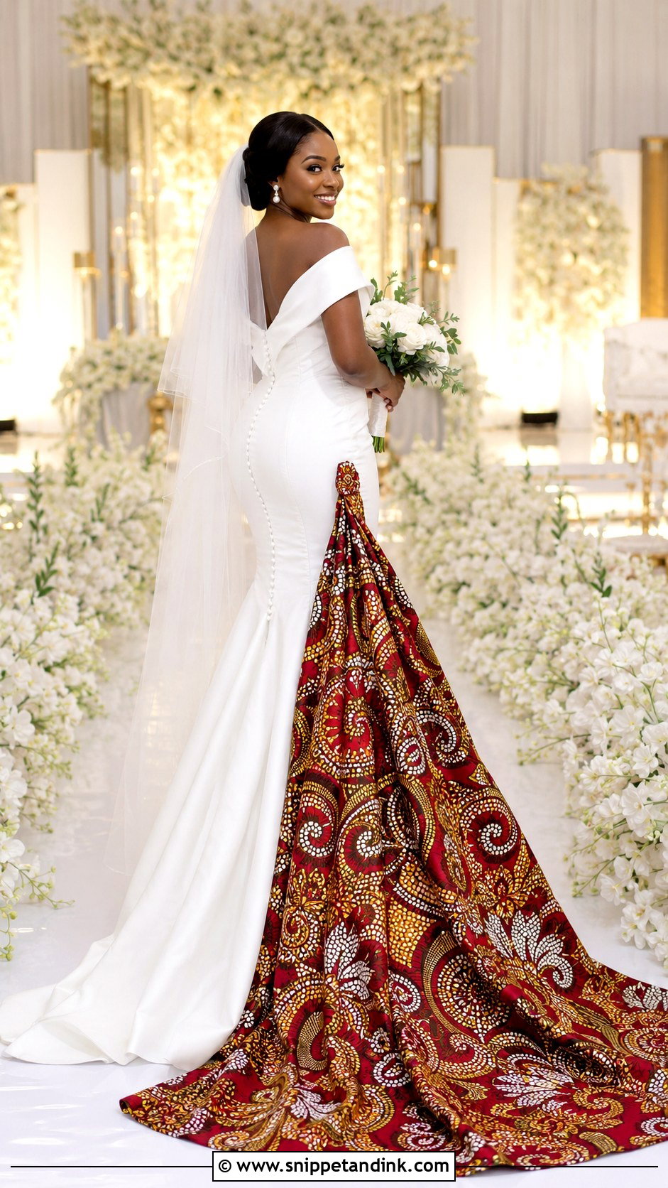 White Ankara Bride Dress With Print Train - Snippet and Ink - 20 Ankara Bride Dress Ideas