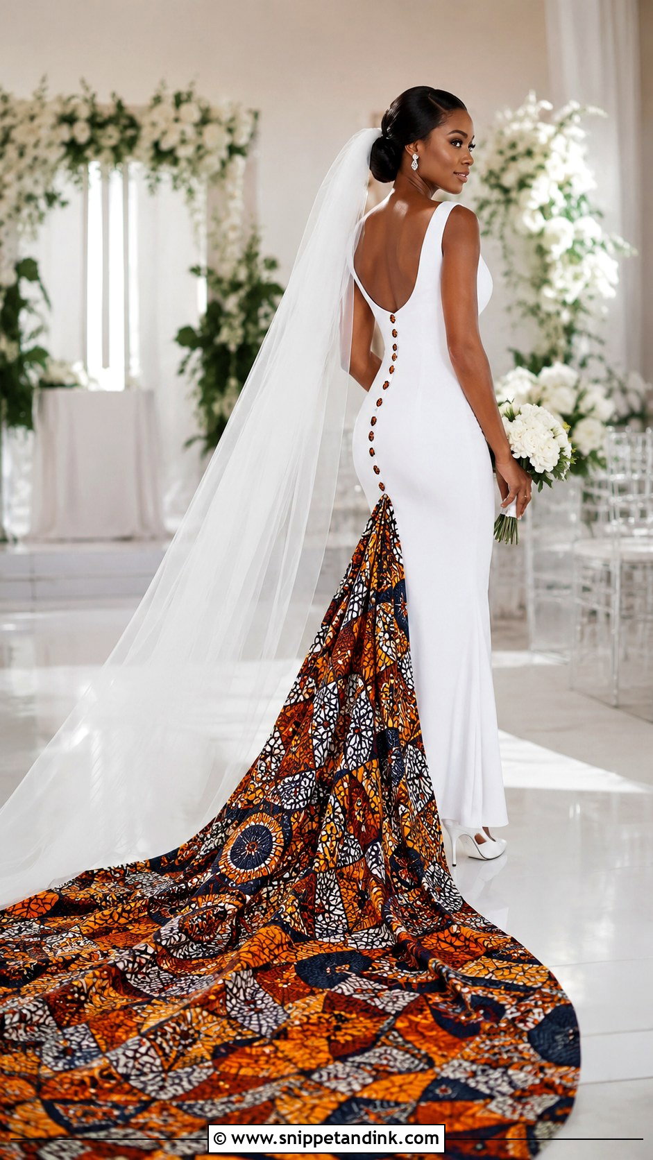 White Ankara Wedding Dress With Printed Train - Snippet and Ink - 20 Ankara Wedding Dress Styles