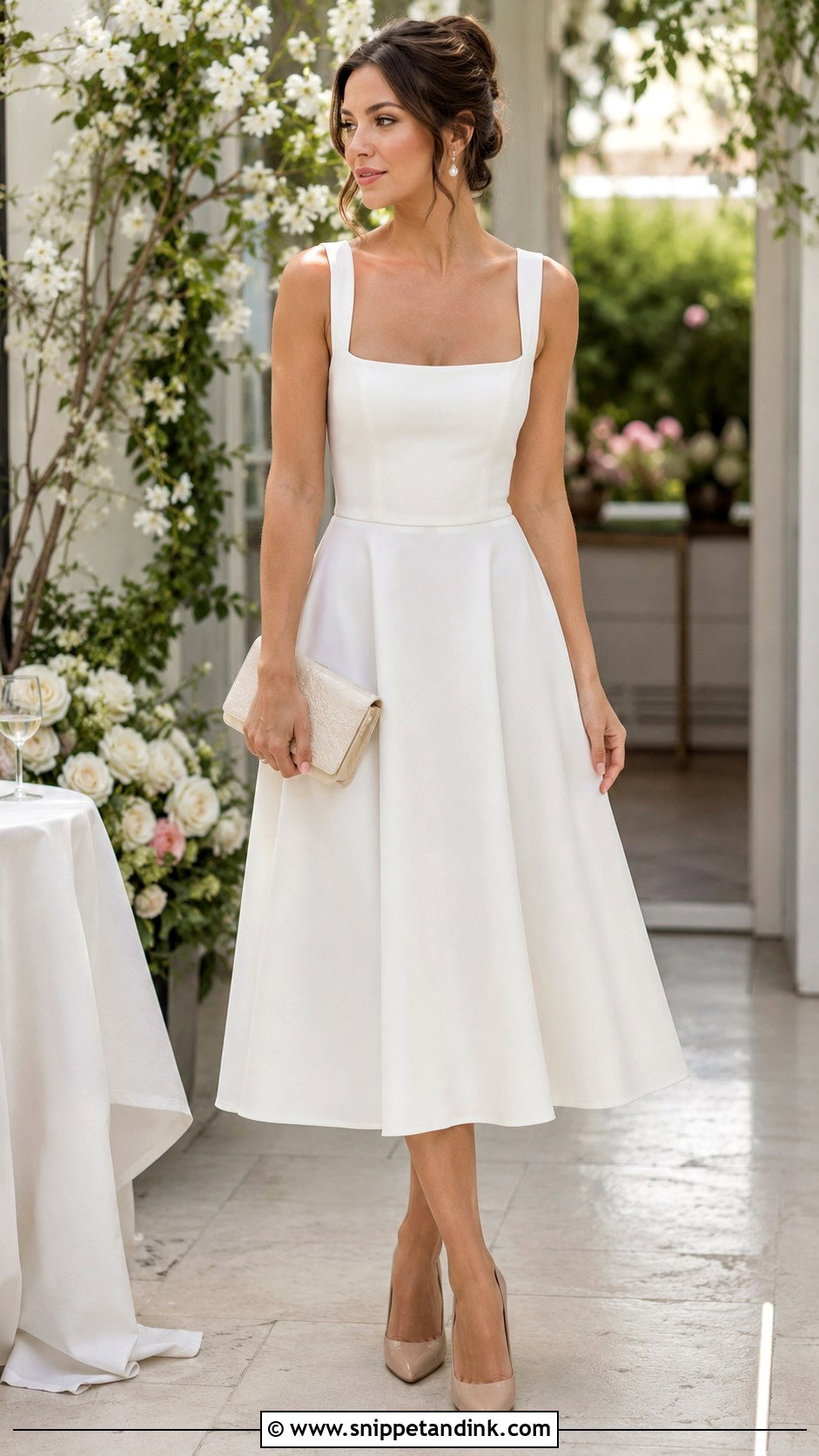 White Anniversary Dress With Nude Heels - Snippet and Ink - 25 Wedding Anniversary Dress Ideas