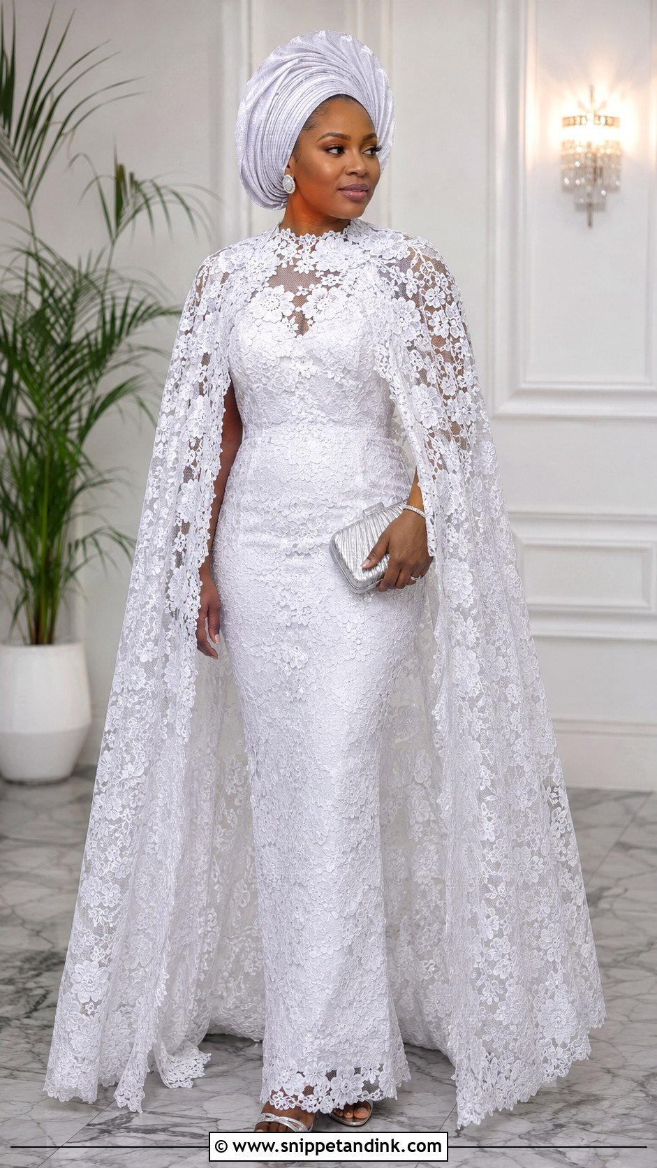 White Aso Ebi Cape Lace Gown - Snippet and Ink - 30 Latest White Aso Ebi Lace Gown Styles